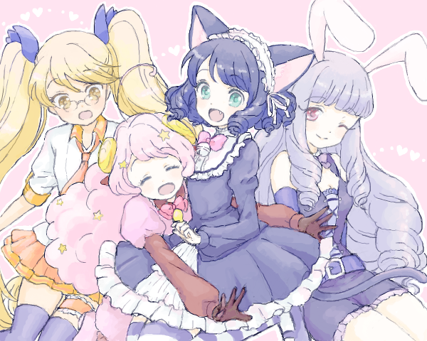 4girls animal_ears bad_drawr_id bad_id bare_shoulders belt blonde_hair bow bowtie breasts brown_gloves brown_sleeves cat_ears character_request closed_eyes closed_mouth copyright_request curly_hair dress drill_hair fang frilled_dress frilled_shirt_collar frills gloves hair_ornament headdress heart horns hug hug_from_behind juliet_sleeves long_hair long_sleeves looking_at_viewer multiple_girls necktie oekaki one_eye_closed open_mouth orange_necktie orange_skirt outline pink_background pink_bow pink_bowtie pink_dress pink_hair pleated_skirt puffy_sleeves purple_belt purple_dress purple_hair purple_thighhighs rabbit_ears sheep_horns shirt short_hair simple_background sitting skirt small_breasts standing star_(symbol) star_hair_ornament striped_clothes striped_thighhighs thigh-highs thighs twin_drills twintails white_headdress white_outline white_shirt yuu_(drawr) zettai_ryouiki