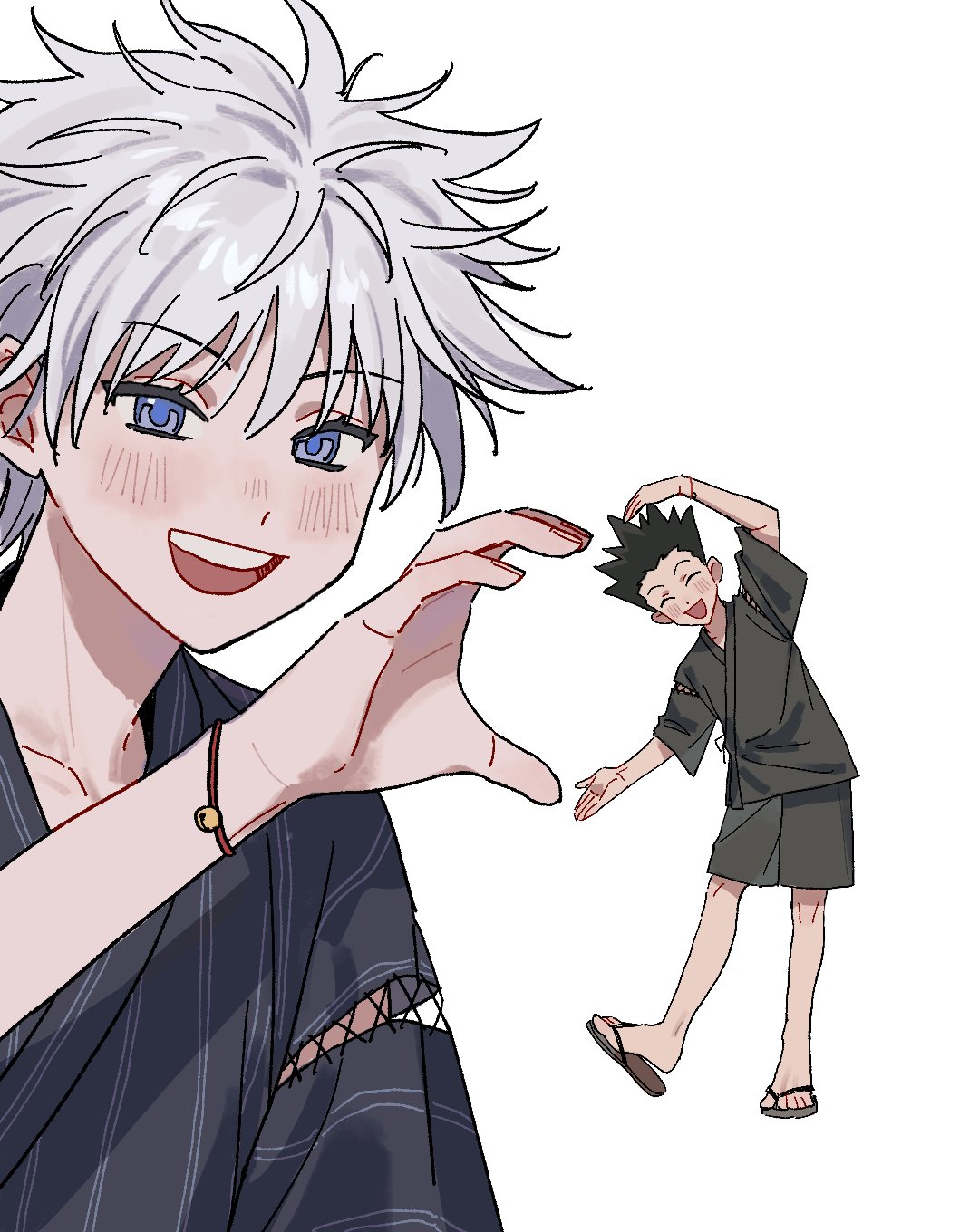 2boys :d ^_^ arm_up bell black_hair blue_eyes bracelet child chinese_commentary closed_eyes cross-laced_clothes cross-laced_sleeves facing_viewer forced_perspective gon_freecss grey_hair hand_up heart heart_arms_duo heart_hands heart_hands_duo highres hotaruuu_1027 hunter_x_hunter japanese_clothes jewelry jingle_bell killua_zoldyck leaning_to_the_side looking_at_viewer male_focus multiple_boys open_mouth outstretched_arm photo-referenced sandals short_hair short_sleeves shorts simple_background smile spiky_hair standing standing_on_one_leg white_background zouri