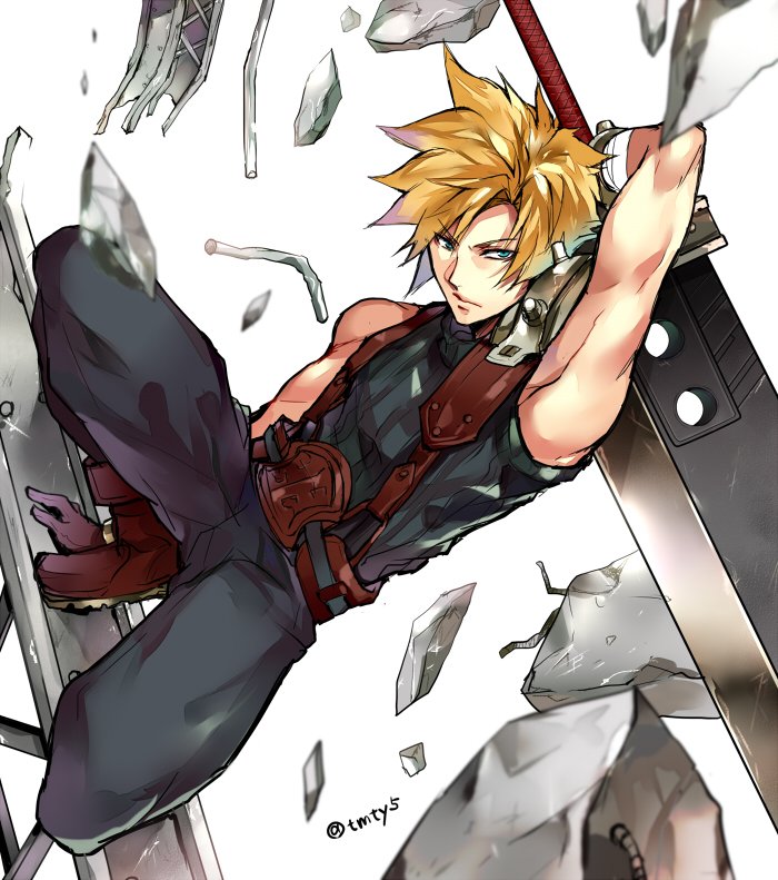 1boy arm_up armor bandaged_arm bandages black_pants blonde_hair blue_eyes boots brown_footwear brown_gloves buster_sword cloud_strife commentary_request concrete crumbling falling fighting_stance final_fantasy final_fantasy_vii full_body gloves hand_on_ground holding holding_sword holding_weapon kneeling leather_belt looking_up male_focus muscular muscular_male pants pauldrons serious short_hair shoulder_armor sideways single_pauldron sleeveless sleeveless_turtleneck solo spiky_hair steel_beam suspenders sword tama_(tmfy5) turtleneck twitter_username weapon white_background