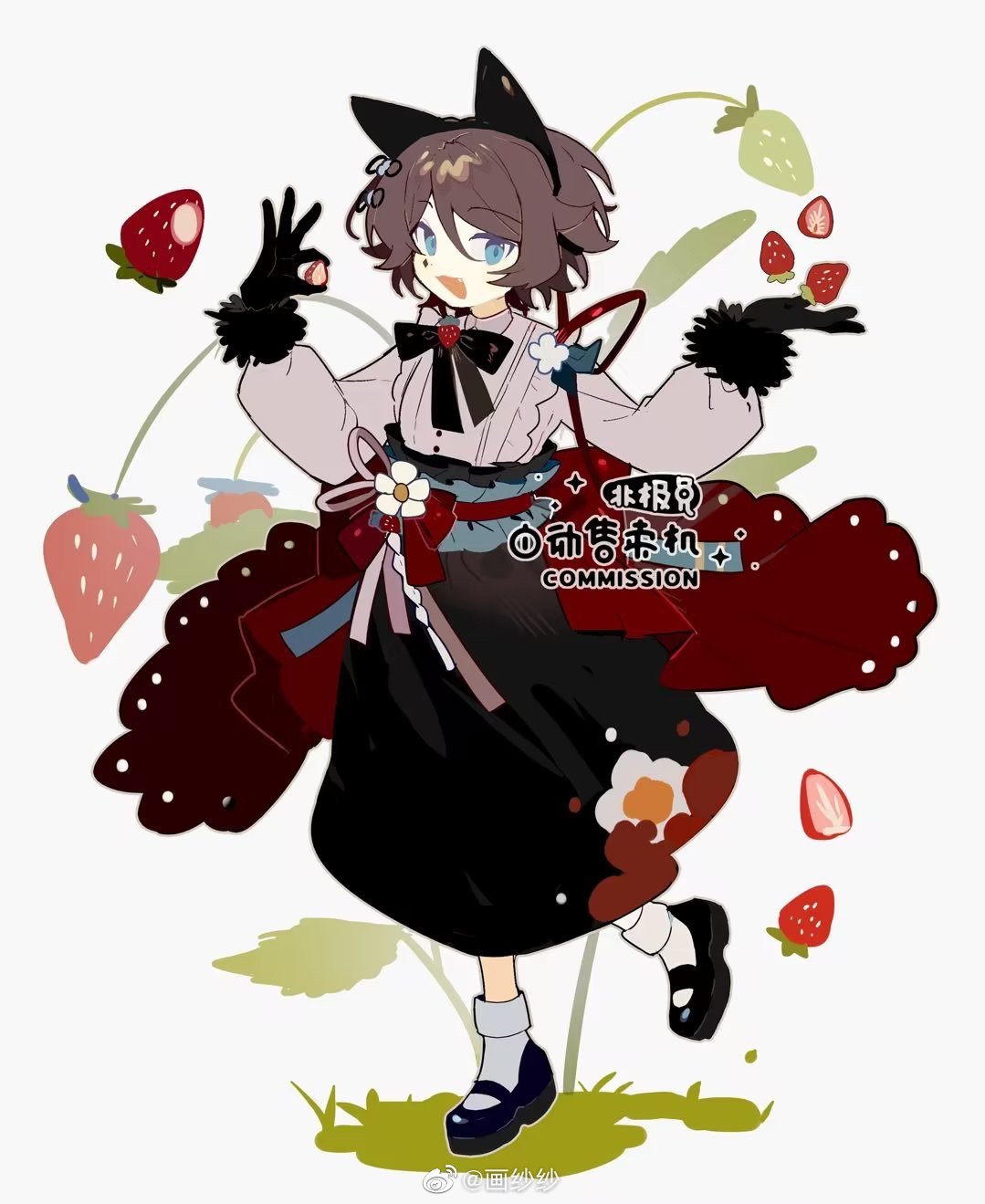 1girl animal_ear_hairband animal_ears black_bow black_bowtie black_footwear black_gloves black_hairband black_skirt blue_eyes bow bowtie brown_hair buttons cat_ear_hairband cat_ears center_frills chinese_commentary collared_shirt commentary_request commission diamond_on_cheek fake_animal_ears fang floral_print food frills fruit full_body fur-trimmed_gloves fur_trim gloves grass hairband highres holding holding_food holding_fruit huasha long_skirt long_sleeves looking_at_viewer marking_on_cheek mary_janes open_mouth original pink_ribbon plant puffy_long_sleeves puffy_sleeves ribbon shirt shoes short_hair simple_background skirt smile socks solo strawberry strawberry_slice waist_ribbon watermark weibo_logo weibo_username white_background white_shirt white_sleeves white_socks