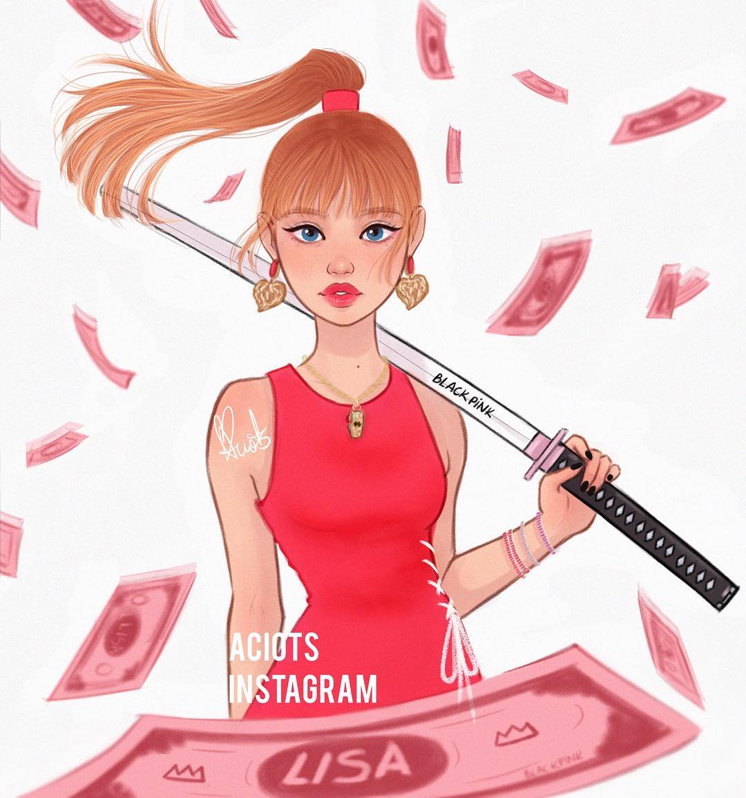 1girl aciots bad_source black_nails blackpink blue_eyes blunt_bangs bracelet copyright_name dress earrings english_commentary floating_hair heart heart_earrings high_ponytail holding holding_sword holding_weapon instagram_username jewelry lisa_(blackpink) looking_at_viewer money necklace ponytail red_dress red_lips solo sword ticket weapon white_background
