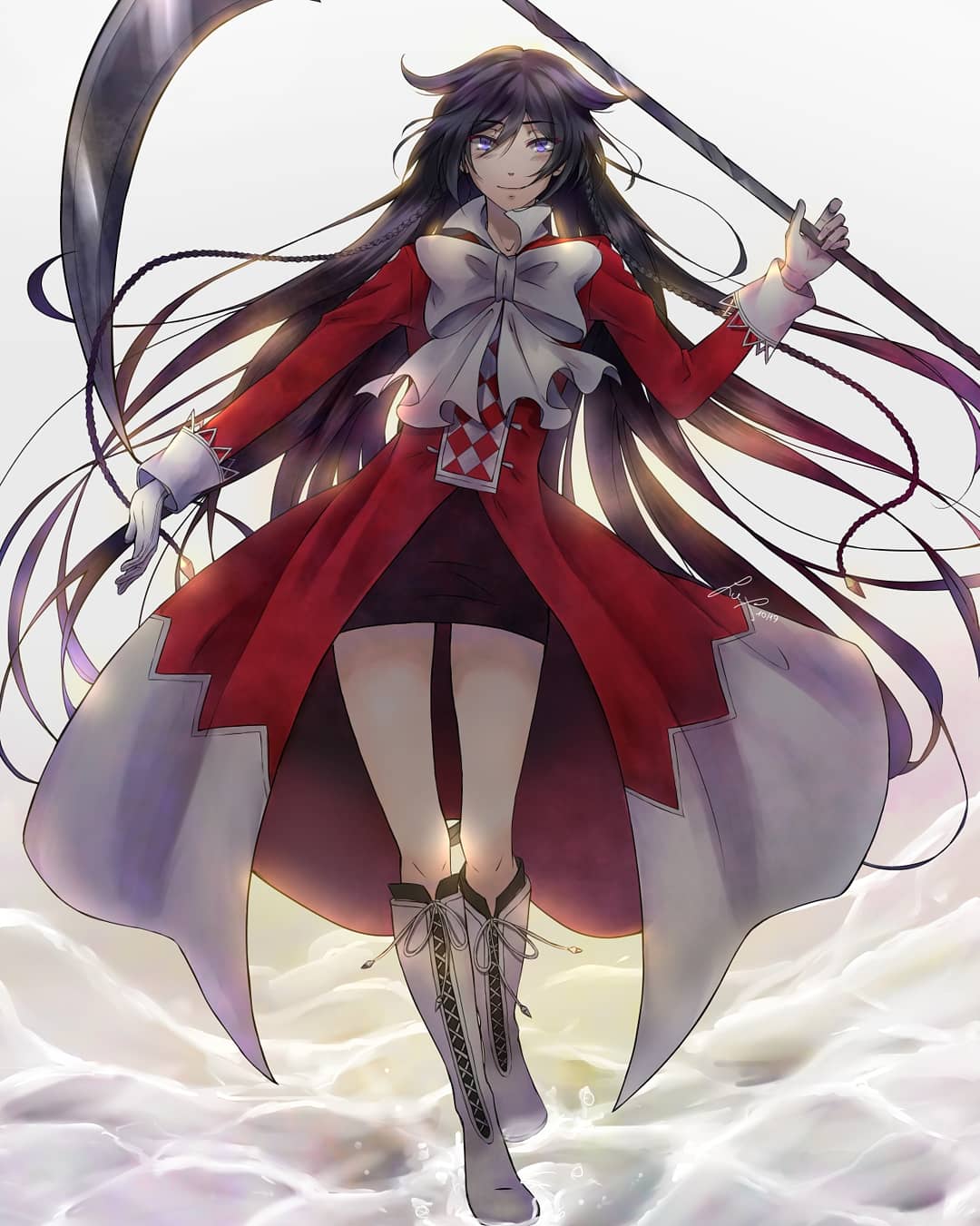 alice_(pandora_hearts) boots braid coat english_commentary full_body gloves highres holding holding_scythe large_ribbon light_smile long_coat long_hair looking_at_viewer lux_arts miniskirt neck_ribbon pandora_hearts red_coat ribbon scythe skirt white_coat white_footwear white_gloves white_ribbon
