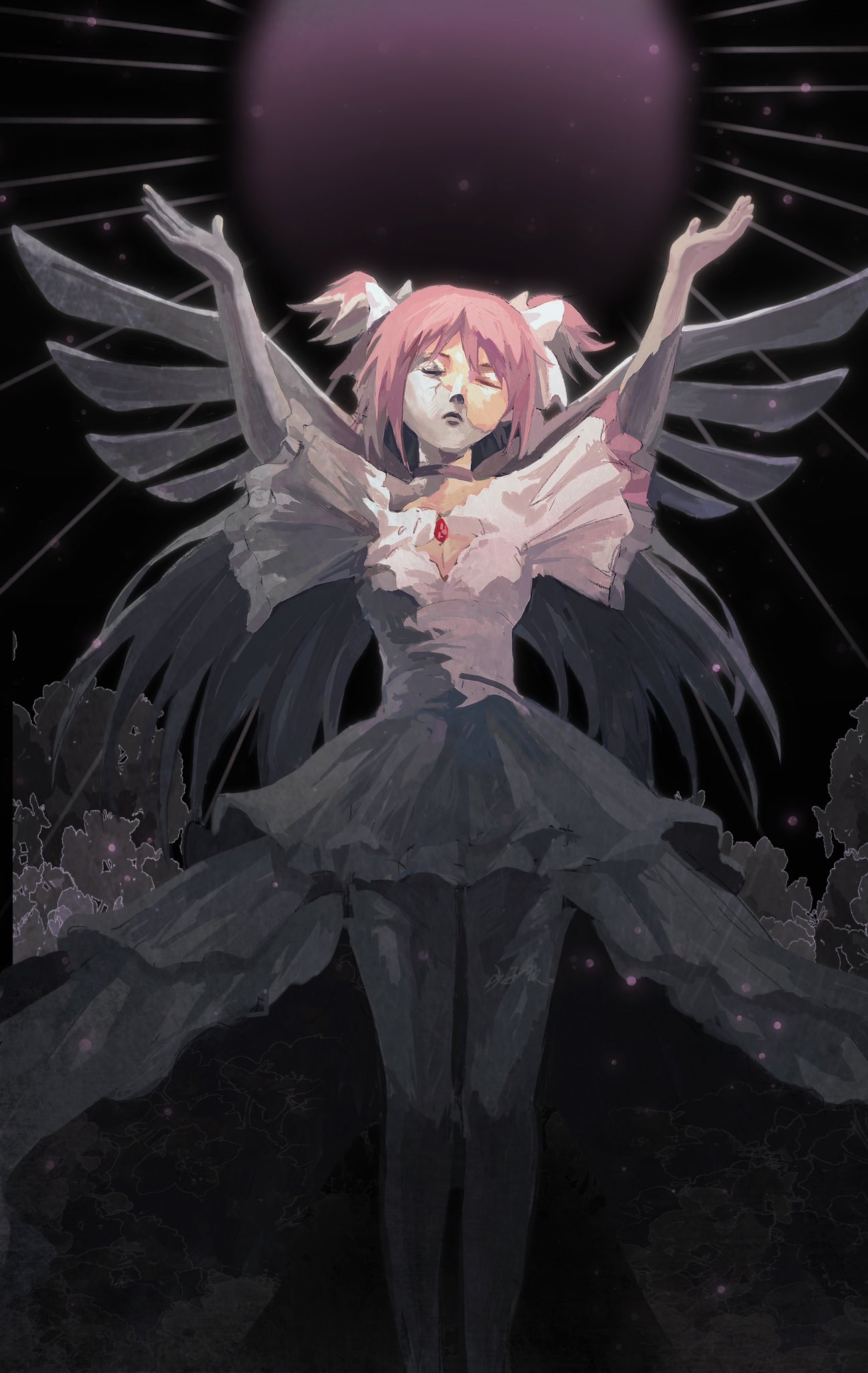 1girl arms_up black_background closed_eyes closed_mouth commentary_request dress goddess_madoka hair_ribbon highres kaname_madoka long_hair mahou_shoujo_madoka_magica mahou_shoujo_madoka_magica_(anime) petrification pink_dress pink_hair ribbon shaoziye520 short_sleeves solo thigh-highs two_side_up white_ribbon wings