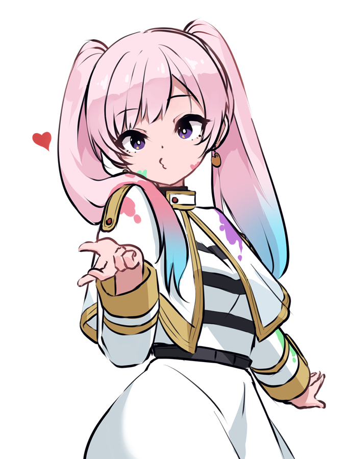 1girl airani_iofifteen alternate_hairstyle blowing_kiss cosplay fian_f.n frieren frieren_(cosplay) gold_trim hololive hololive_indonesia jacket long_hair long_sleeves multicolored_hair pink_hair shirt skirt sousou_no_frieren streaked_hair striped_clothes striped_shirt transparent_background twintails white_jacket white_skirt