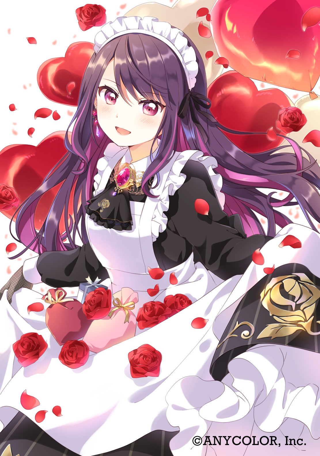 1girl :d alternate_costume alternate_hairstyle apron balloon blush box brooch clothes_lift colored_inner_hair copyright_name dot_nose dress falling_petals floral_print floral_print_dress flower gift gift_box gundou_mirei gundou_mirei_(6th_costume) heart heart_balloon highres jewelry looking_at_viewer maid maid_headdress multicolored_hair namori nijisanji official_alternate_costume official_alternate_hairstyle official_art petals pink_hair pouch purple_hair red_flower red_rose rose rose_petals skirt skirt_basket skirt_hold smile solo streaked_hair swept_bangs violet_eyes virtual_youtuber white_apron white_background