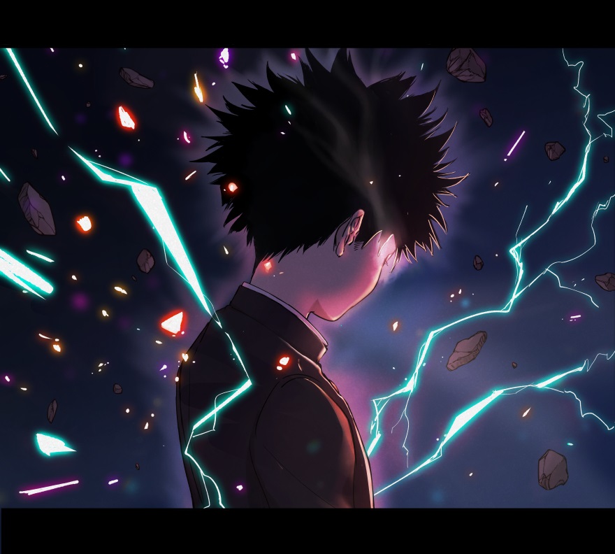 1boy aura black_hair blue_background commentary debris from_behind from_side gakuran glowing kageyama_shigeo letterboxed light_trail lightning male_focus mob_psycho_100 omatsuri130 psychic school_uniform shards short_hair smoke solo spiky_hair symbol-only_commentary upper_body