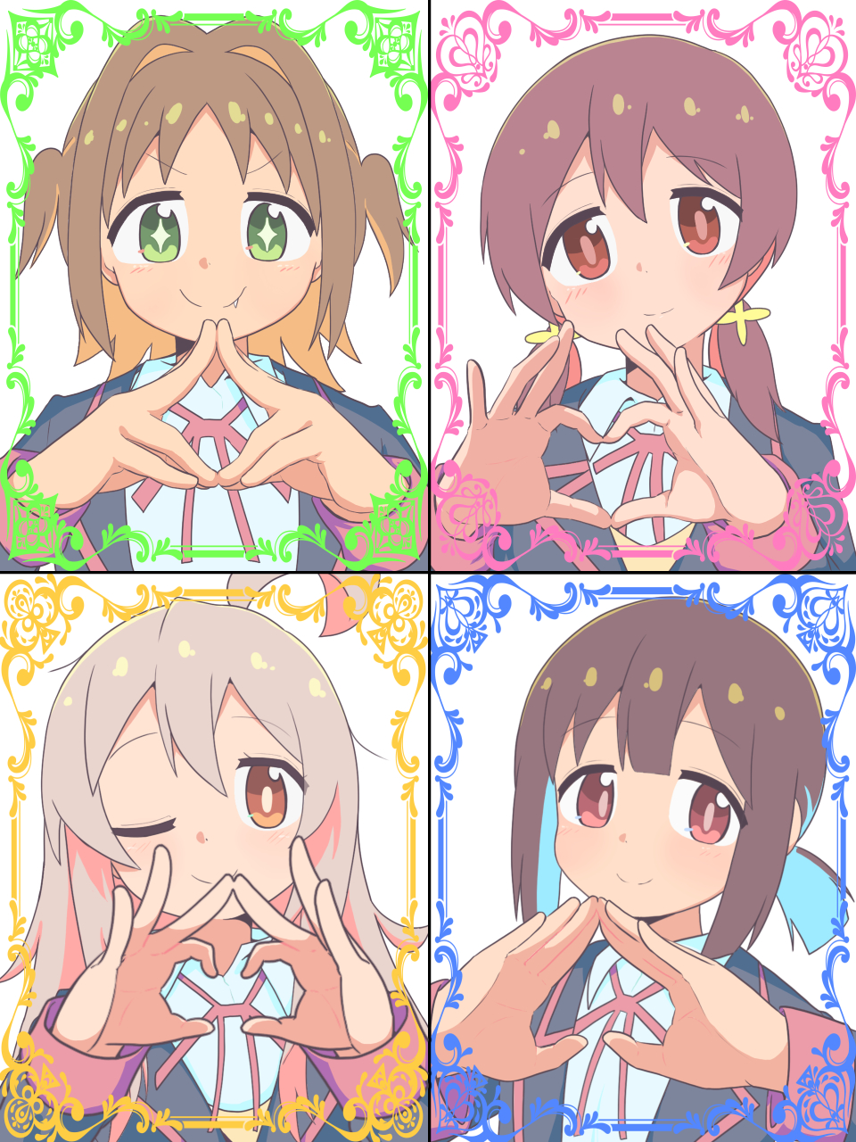 +_+ 4girls ;) ahoge black_jacket blue_hair blunt_bangs border brown_eyes brown_hair club_(shape) clubs_hands colored_inner_hair commentary diamond_(shape) diamond_hands fang fang_out green_eyes hair_between_eyes hair_intakes heart heart_hands highres hozuki_momiji jacket light_blush long_hair long_sleeves looking_at_viewer low_twintails multicolored_hair multiple_girls murosaki_miyo namari_siro neck_ribbon oka_asahi one_eye_closed onii-chan_wa_oshimai! orange_hair ornate_border oyama_mahiro pink_hair portrait red_ribbon redhead ribbon school_uniform shirt short_hair short_ponytail simple_background smile spade_(shape) spade_hands straight-on twintails two-tone_hair two_side_up white_background white_shirt wing_collar