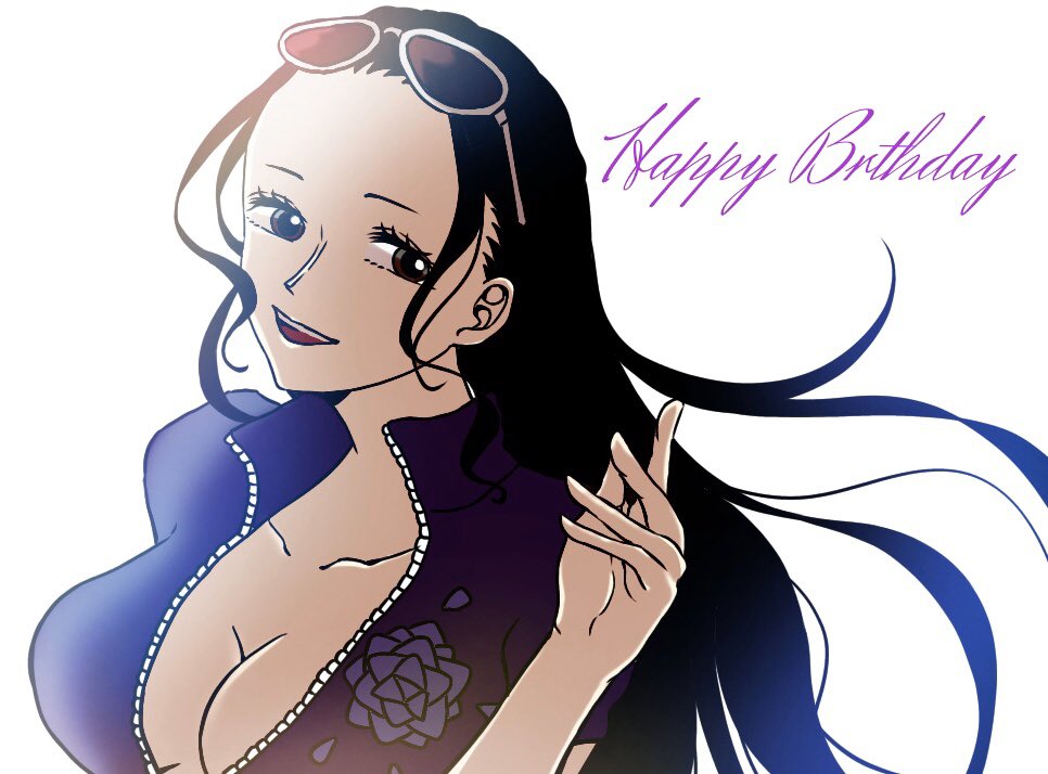 1girl amaguri_op black_hair blue_jacket close-up commentary_request eyewear_on_head happy_birthday jacket long_hair looking_to_the_side nico_robin one_piece sidelocks simple_background smile upper_body white_background zipper