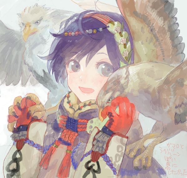 1boy animal_on_shoulder bad_drawr_id bad_id beads beak bird bird_on_hand bird_on_shoulder black_hair blurry coat eagle gloves grey_eyes hair_beads hair_ornament hairband high_collar long_sleeves looking_at_viewer male_focus nishihara_isao oekaki open_mouth original purple_hair red_gloves rope short_hair smile solo upper_body vulture