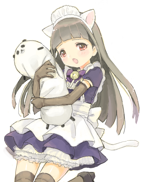 1girl :o animal_ears apron bad_drawr_id bad_id bell black_footwear bow bowtie brown_eyes brown_thighhighs cat_ears cat_tail character_request copyright_request cowboy_shot dress elbow_gloves fake_animal_ears frilled_dress frills gloves holding holding_stuffed_toy jingle_bell long_hair looking_at_viewer maid maid_headdress neck_bell oekaki open_mouth purple_bow purple_bowtie purple_dress simple_background skirt solo stuffed_toy tail thigh-highs usashiro_mani white_apron white_background