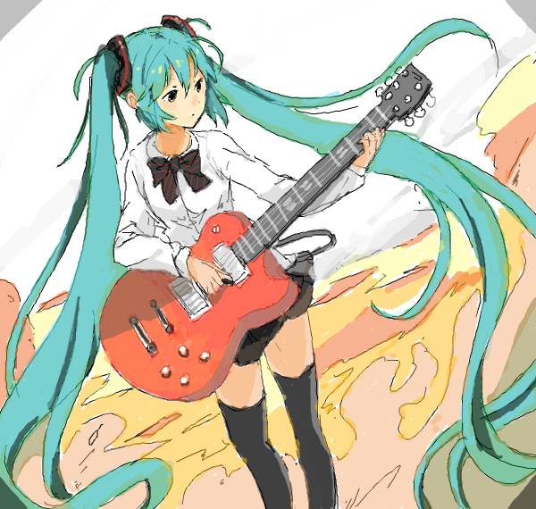 1girl aqua_hair bad_drawr_id bad_id black_bow black_bowtie black_eyes black_thighhighs bow bowtie closed_mouth dot_mouth electric_guitar guitar hair_ornament hatsune_miku holding holding_guitar holding_instrument instrument long_hair long_sleeves looking_at_object multicolored_background oekaki orange_background shirt sidelocks solo standing suya000 thigh-highs twintails vocaloid white_background white_shirt