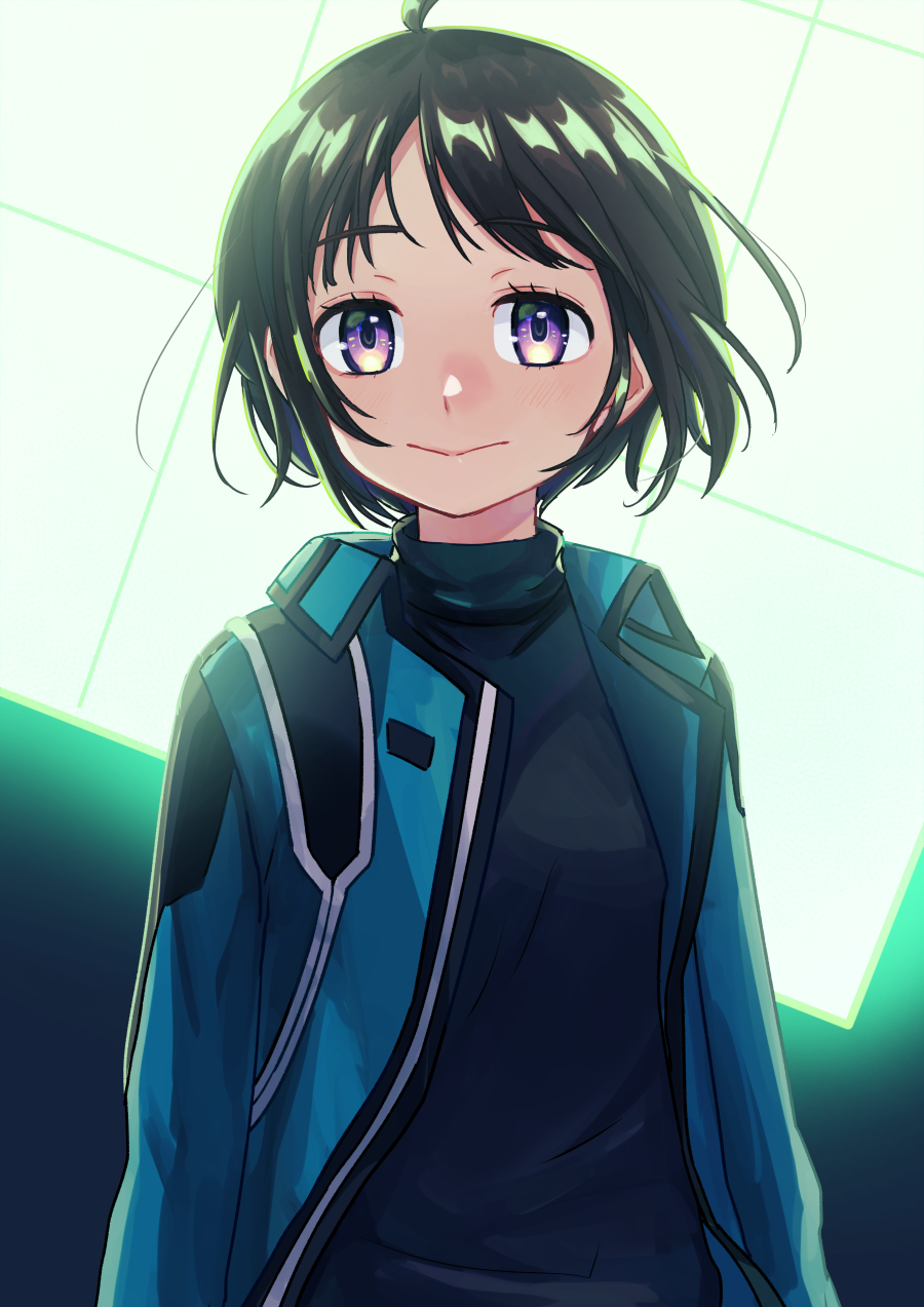 1girl ahoge amatori_chika arms_at_sides black_background black_footwear black_hair blue_jacket bob_cut breasts closed_mouth cube floating_hair glowing highres jacket long_sleeves looking_at_viewer mikumo_squad's_uniform open_clothes open_jacket short_hair small_breasts smile sonoda_(mzm) turtleneck upper_body violet_eyes weapon world_trigger