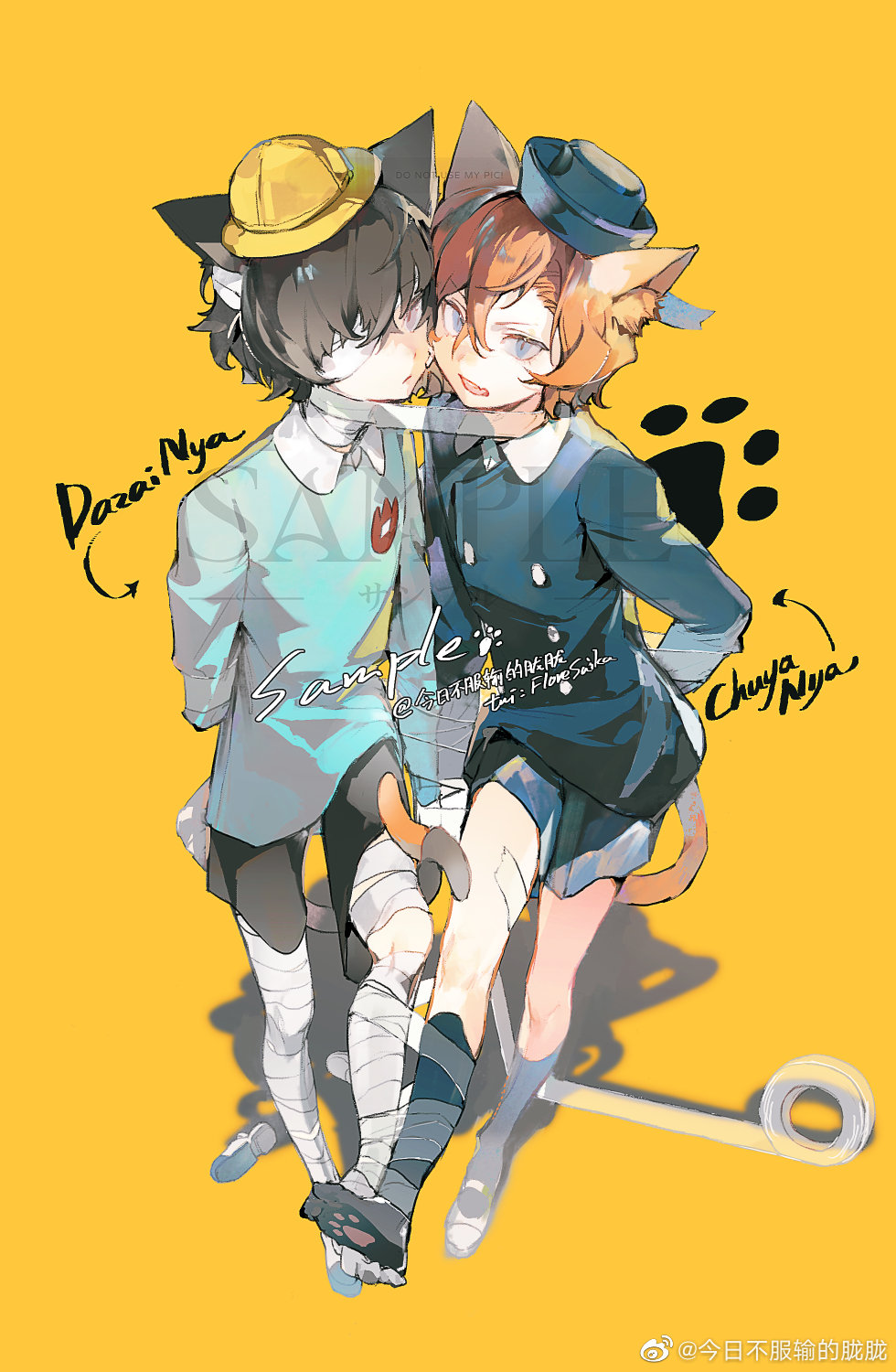 2boys animal_ear_fluff animal_ears arm_behind_back badge bandage_over_one_eye bandaged_arm bandaged_leg bandaged_neck bandages black_shorts black_socks blue_eyes blue_headwear blue_shirt blue_shorts blue_sleeves bound bound_arms bound_together brown_hair cat_ears cat_tail character_name chinese_commentary closed_mouth collar collared_shirt commentary_request cui_(jidanhaidaitang) fang frown full_body hair_between_eyes hat highres kneehighs long_sleeves looking_at_viewer male_focus mary_janes mini_hat multiple_boys one-eyed open_mouth orange_hair original paw_print_soles pink_eyes sample_watermark shadow shirt shoe_loss shoes short_hair shorts simple_background skin_fang slit_pupils socks tail toilet_paper walking watermark white_collar white_footwear yellow_background yellow_headwear