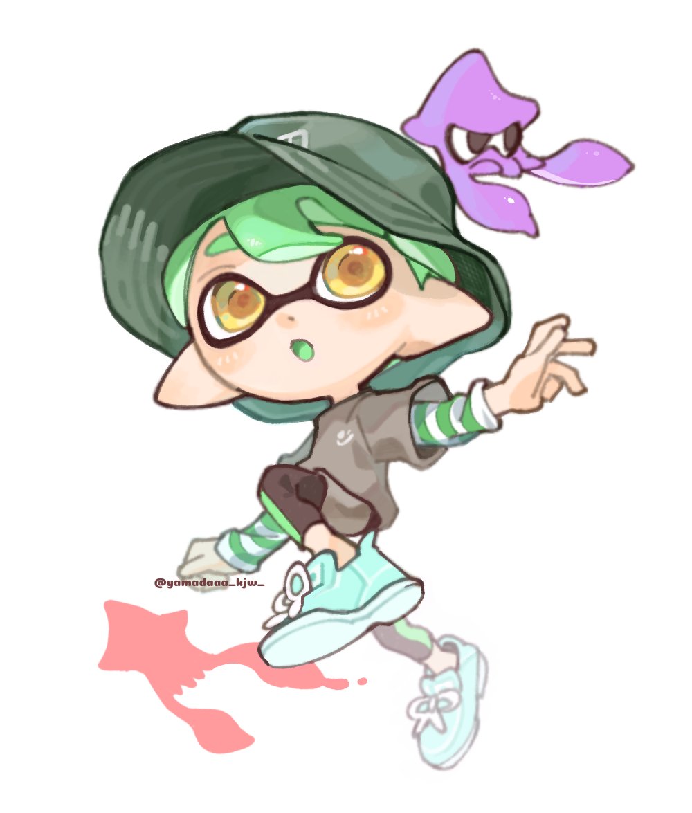 1boy :o blue_footwear commission dot_nose full_body green_hair green_headwear grey_shirt grey_shorts hat inkling_boy inkling_player_character leggings_under_shorts open_mouth outstretched_arms pointy_ears raised_eyebrows shirt shoes short_hair shorts simple_background solo spl8ya splatoon_(series) squid tentacle_hair thick_eyebrows walking white_background yellow_eyes
