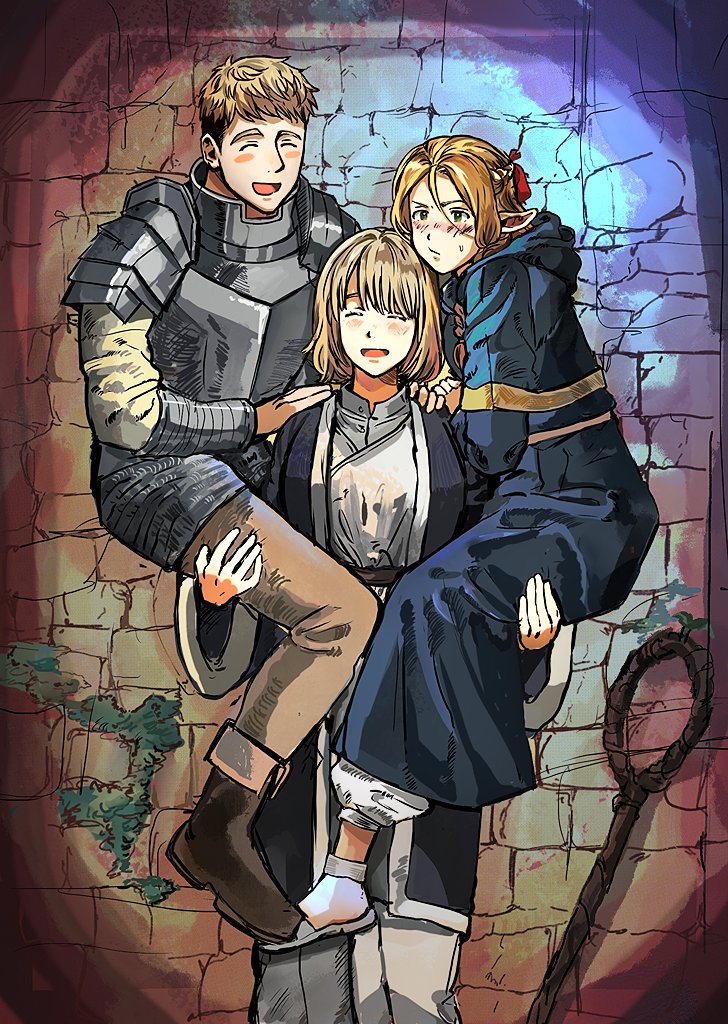 1boy 2girls :d armor belt_pouch black_jacket blonde_hair blue_capelet blue_robe blush braid brother_and_sister capelet carrying chaaamyii chainmail child_carry collared_shirt dungeon_meshi elf embarrassed facing_viewer falin_thorden feet_out_of_frame french_braid green_eyes hair_between_eyes hand_on_another's_leg hands_on_another's_shoulders happy hashtag_only_commentary hood hood_down hooded_capelet jacket laios_thorden layered_shirt long_hair long_sleeves looking_to_the_side marcille_donato multiple_girls open_mouth pants parted_bangs pauldrons plate_armor pointy_ears pouch robe sandals shirt short_hair shoulder_armor siblings side_braid smile sprout staff standing strong undercut vambraces white_pants white_shirt