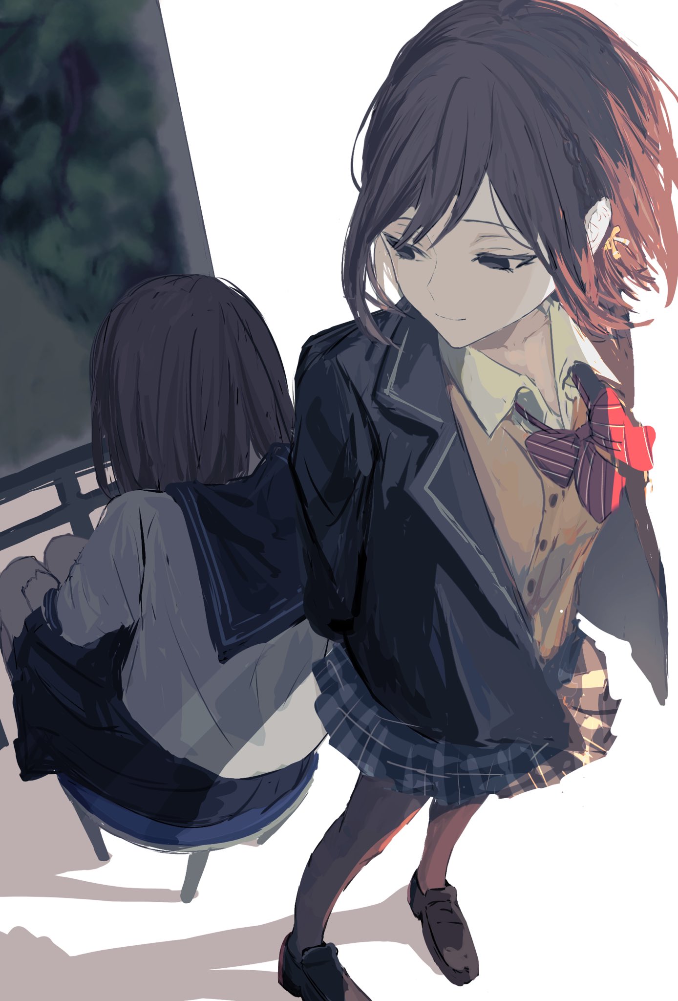 2girls aged_down black_jacket black_sailor_collar black_skirt blazer bow bowtie brown_eyes canvas_(object) cardigan collarbone collared_shirt commentary diagonal-striped_bow easel emon_(maguro03_ice) hair_bow hands_on_own_thighs highres jacket kamiyama_high_school_uniform_(project_sekai) looking_back loose_bowtie multiple_girls open_clothes open_jacket plaid plaid_skirt pleated_skirt project_sekai red_bow red_bowtie sailor_collar school_uniform shadow shinonome_ena shirt simple_background sitting skirt smile stool swept_bangs white_background white_shirt yellow_bow yellow_cardigan