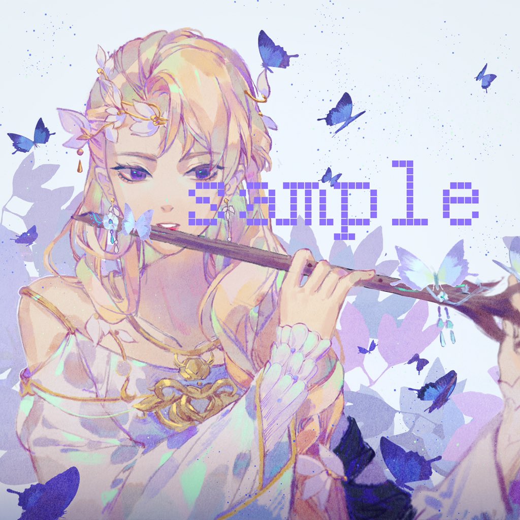 1girl asymmetrical_bangs bare_shoulders blonde_hair blue_butterfly bug butterfly collarbone dress eyelashes flower flute hair_flower hair_ornament hair_over_shoulder holding holding_instrument instrument layered_sleeves leaf leaf_background lips long_hair long_sleeves looking_at_viewer music original parted_lips playing_instrument red_lips sample_watermark sleeves_past_fingers sleeves_past_wrists solo teeth upper_body violet_eyes watermark wavy_hair white_background white_dress white_flower white_sleeves yanmian_(printemps-noir)