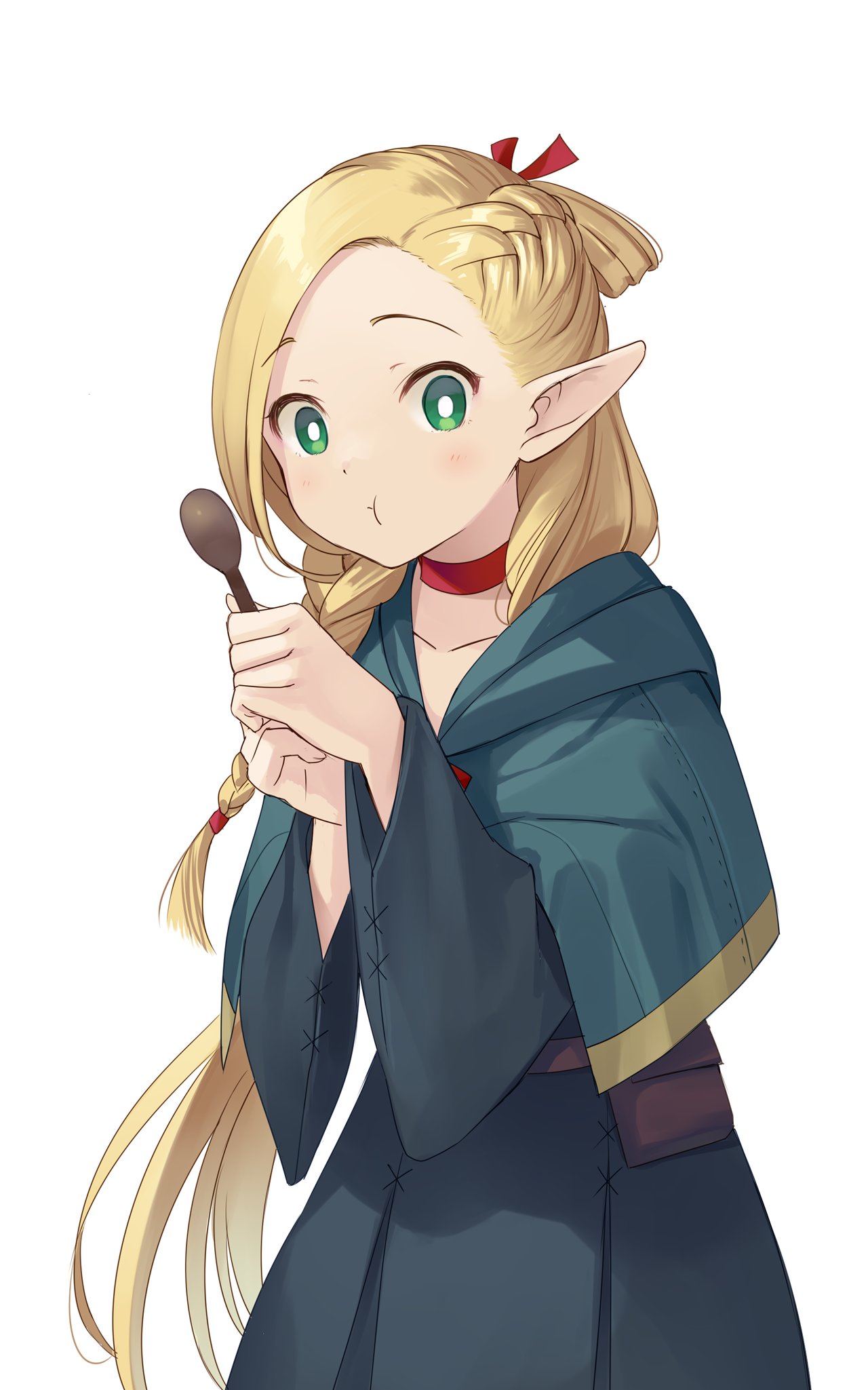 1girl :t blonde_hair blue_capelet blue_robe braid bright_pupils capelet choker dungeon_meshi elf green_eyes hair_ribbon highres holding holding_spoon long_hair looking_at_viewer marcille_donato na-ga pointy_ears red_choker ribbon robe simple_background solo spoon upper_body white_background white_pupils