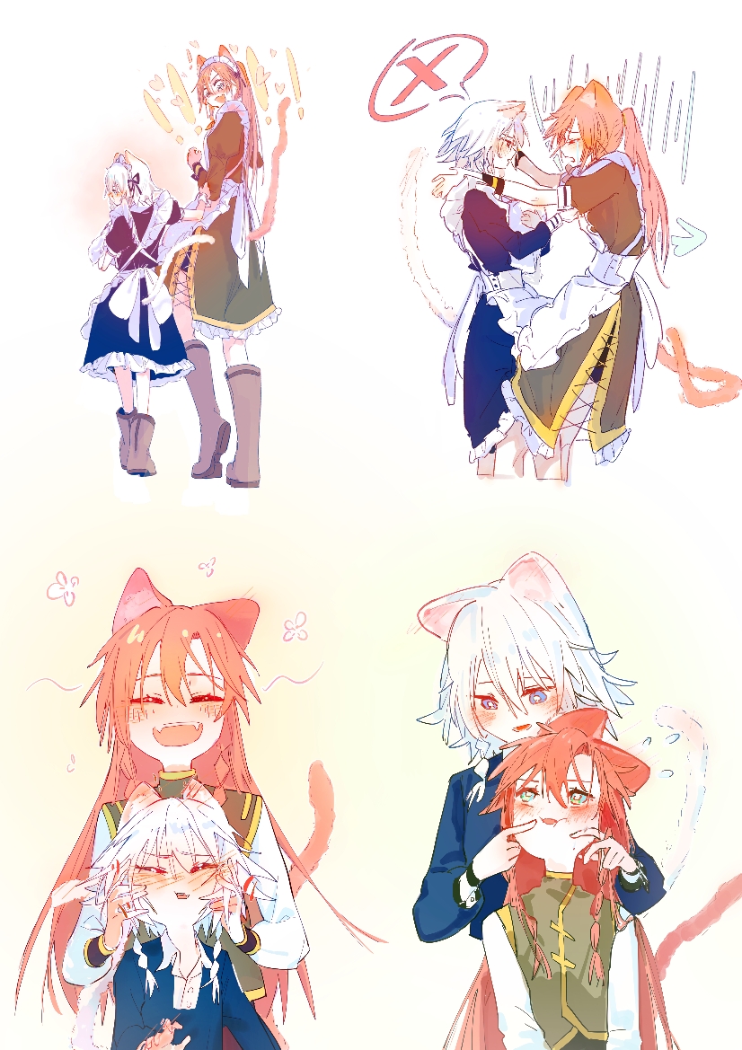 2girls animal_ears apron arrow_(symbol) black_dress blue_eyes blush boots brown_footwear cat_ears cat_tail cheek_poking cheek_squash closed_eyes commentary_request crying dress ear_blush fangs flying_sweatdrops green_eyes green_shirt hand_on_another's_face height_difference hong_meiling izayoi_sakuya kemonomimi_mode long_hair maid maid_apron medium_hair multiple_girls open_mouth poking ponytail redhead shirt size_difference smile spoken_x tail tears touhou white_apron white_hair ydpfa yuri