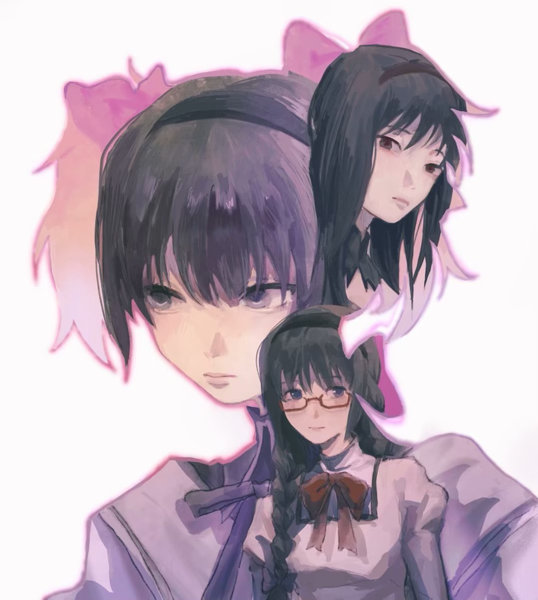 2girls akemi_homura black_eyes black_hair black_hairband bow bowtie braid closed_mouth commentary_request expressionless glasses hairband highres kaname_madoka looking_at_viewer mahou_shoujo_madoka_magica mahou_shoujo_madoka_magica_(anime) multiple_girls red-framed_eyewear red_bow red_bowtie school_uniform shao_ziye shirt simple_background twin_braids twintails white_background white_shirt