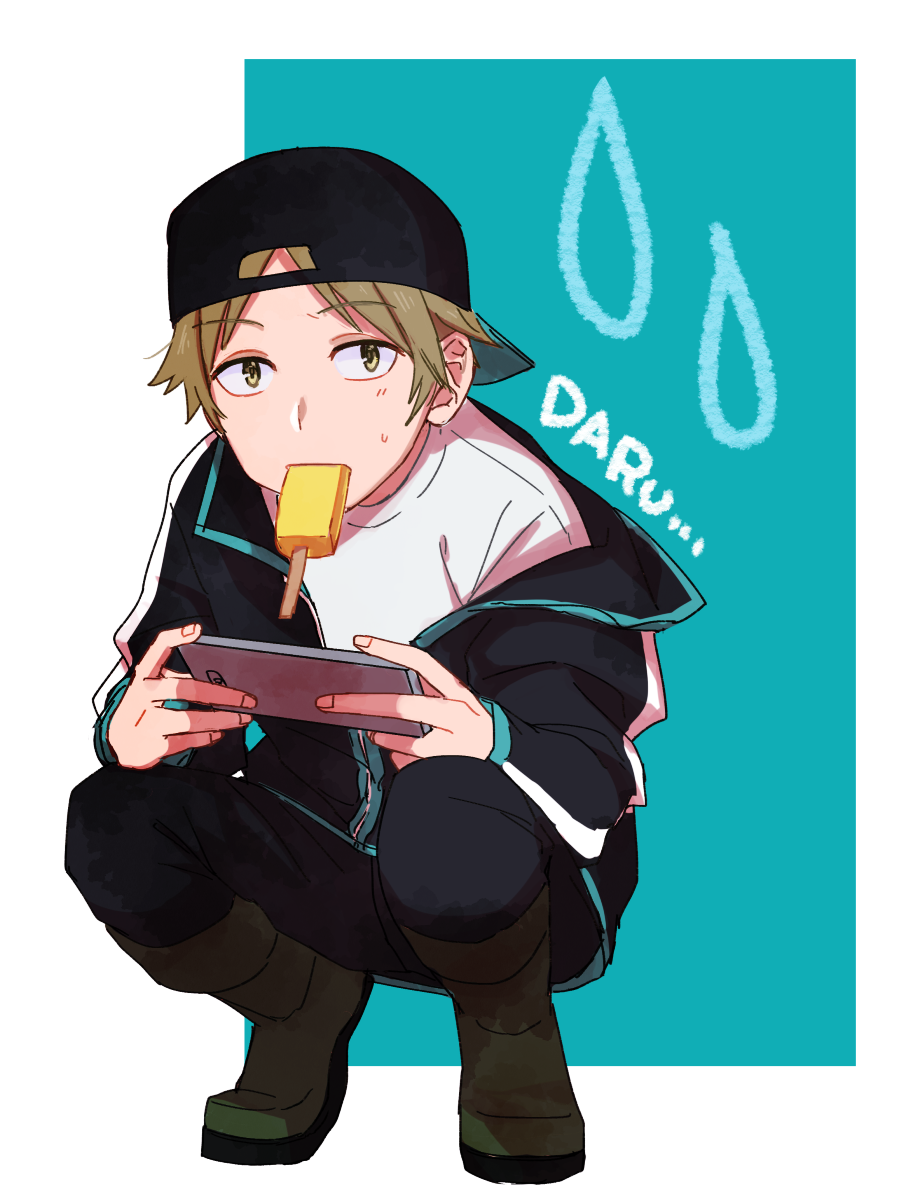 1boy arafune_squad's_uniform backwards_hat baseball_cap black_headwear black_jacket black_pants boots brown_eyes brown_hair cellphone food hanzaki_yoshito hat holding holding_phone jacket long_sleeves looking_at_viewer male_focus mouth_hold off_shoulder pants phone popsicle shirt short_hair solo sonoda_(mzm) squatting sweat white_shirt world_trigger