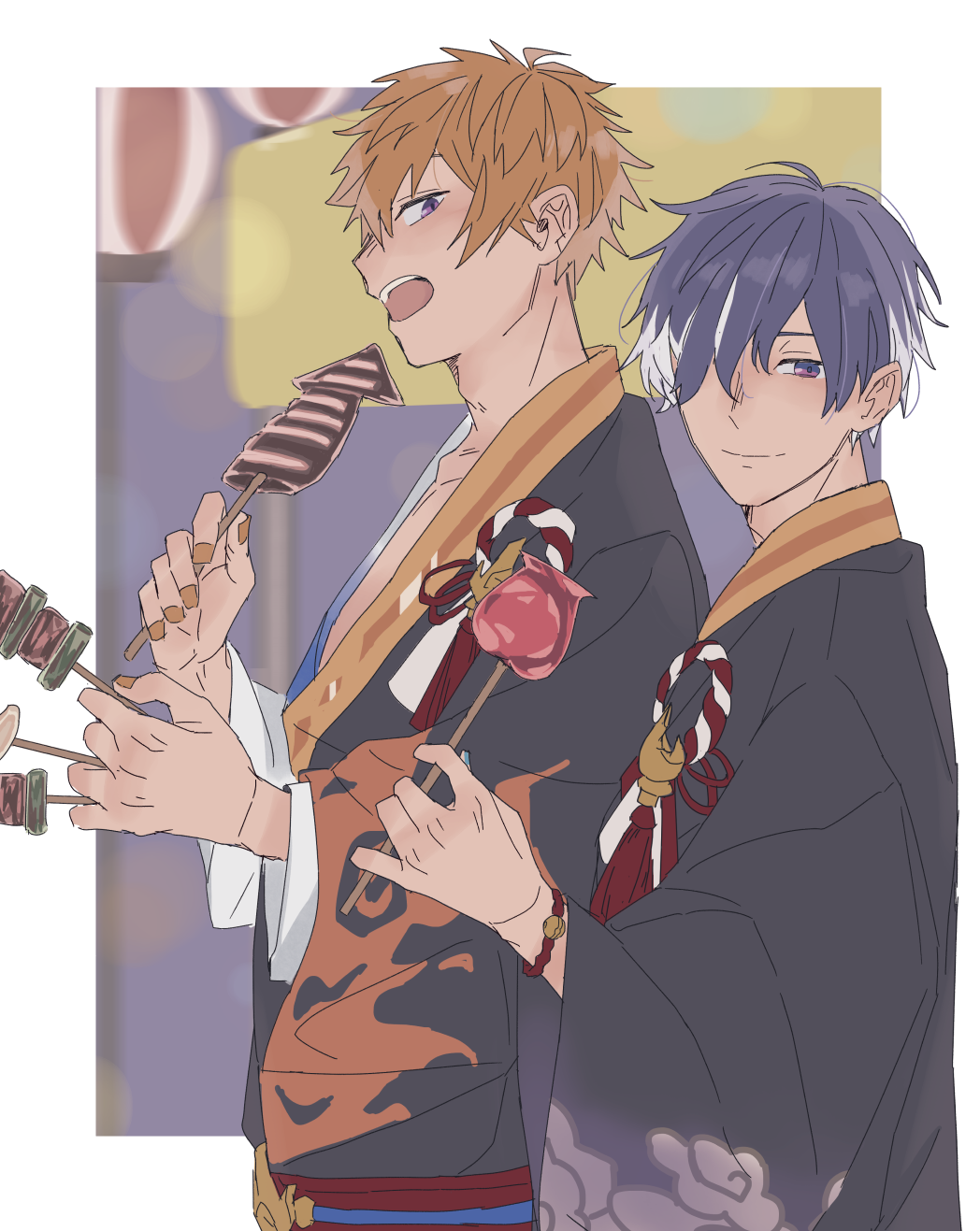 2boys beelzebub_(obey_me!) belphegor_(obey_me!) brothers candy_apple eating food fried_squid highres japanese_clothes kebab kimono light_smile multicolored_hair multiple_boys obey_me!:_one_master_to_rule_them_all! orange_hair purple_hair siblings smile streaked_hair summer_festival two-tone_hair user_unwc4745 violet_eyes white_hair yukata