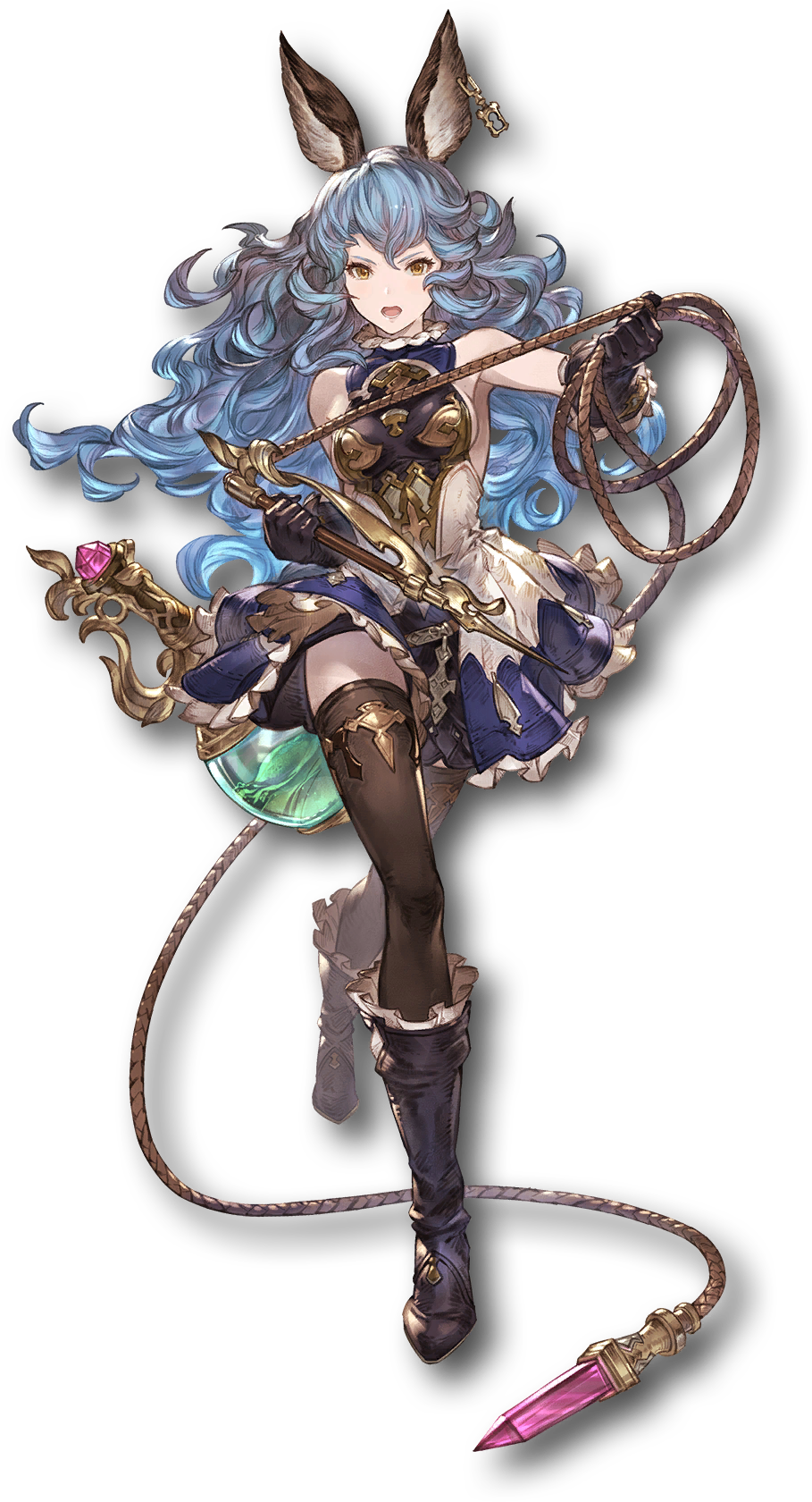 1girl bare_shoulders blue_hair boots breasts brown_eyes dress earrings elbow_gloves erune ferry_(granblue_fantasy) full_body gloves gold_trim granblue_fantasy granblue_fantasy_versus highres holding holding_weapon holding_whip jewelry knee_boots long_hair looking_at_viewer minaba_hideo official_art open_mouth pleated_skirt short_dress skirt sleeveless sleeveless_dress small_breasts solo thigh-highs transparent_background weapon whip zettai_ryouiki