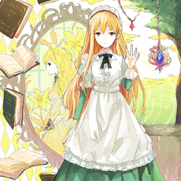 2girls bad_drawr_id bad_id black_bow black_bowtie blonde_hair blue_gemstone book bow bowtie breasts brown_eyes buttons character_request closed_mouth collared_dress colored_skin copyright_request dress flower gem green_skirt green_sleeves hand_up jewelry light_smile long_hair long_sleeves looking_at_viewer maid maid_headdress mirror multiple_girls oekaki open_book open_hand pendant profile puffy_short_sleeves puffy_sleeves red_gemstone short_sleeves single_sidelock skirt small_breasts standing suya000 tree white_dress white_skin yellow_flower