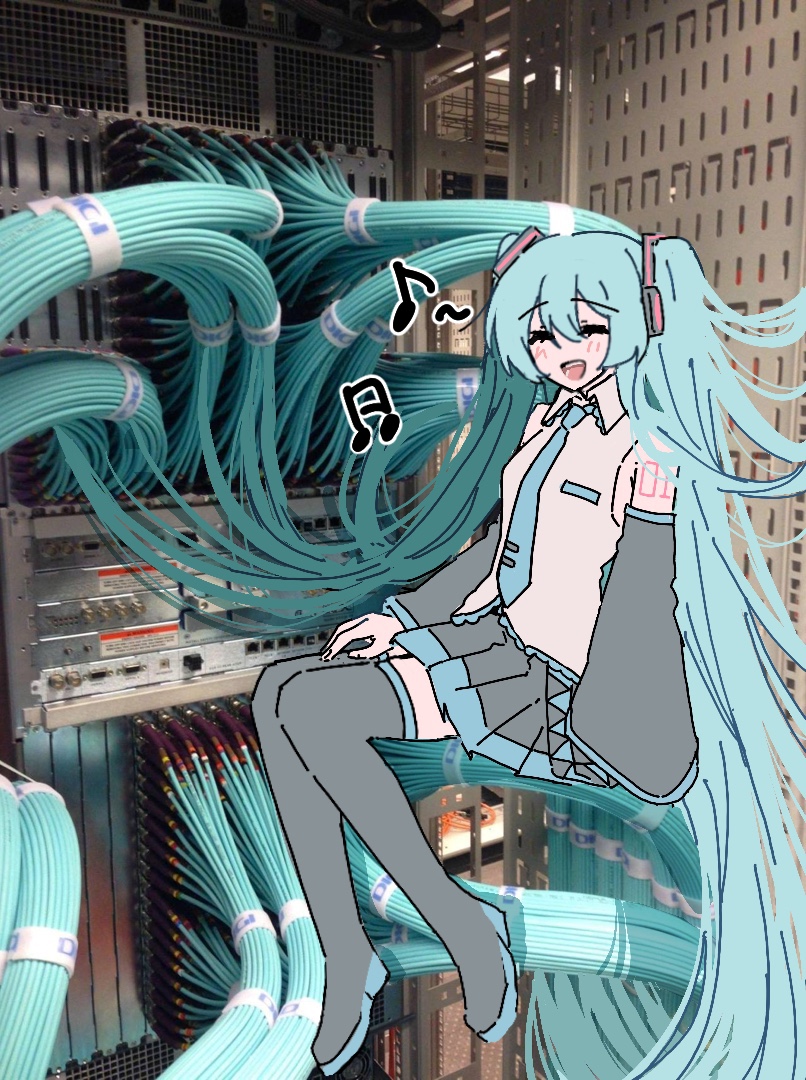 1girl arm_tattoo beamed_eighth_notes black_footwear black_skirt black_thighhighs blue_hair blue_necktie blush boots breast_pocket cable closed_eyes color_connection detached_sleeves eighth_note grey_sleeves hand_on_own_thigh hatsune_miku headphones long_hair musical_note necktie open_mouth photo_background pleated_skirt pocket server shirt skirt sleeveless sleeveless_shirt smile solo tattoo thigh-highs thigh_boots twintails very_long_hair vocaloid white_shirt yunayuispink