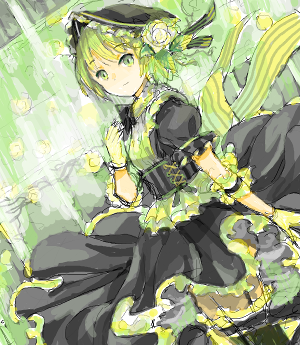 1girl bad_drawr_id bad_id black_bow black_bowtie black_corset black_dress black_headwear black_thighhighs bonnet bow bowtie character_request closed_mouth collared_dress copyright_request corset dress flower frilled_dress frills garter_straps gloves green_background green_eyes green_gloves green_hair green_theme hair_flower hair_ornament hand_up leaf looking_at_viewer oekaki puffy_short_sleeves puffy_sleeves rose short_sleeves sketch solo standing striped_clothes suya000 thigh-highs white_flower white_rose