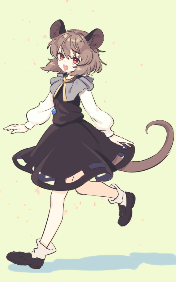 1girl :d animal_ears bare_legs black_dress black_footwear brown_hair capelet dress full_body grey_capelet jewelry long_sleeves looking_at_viewer medium_hair mouse_ears mouse_girl mouse_tail nazrin open_mouth orange_eyes pendant puffy_long_sleeves puffy_sleeves shadow shoes simple_background smile socks solo tail teeth tomobe_kinuko touhou upper_teeth_only walking white_sleeves white_socks yellow_background