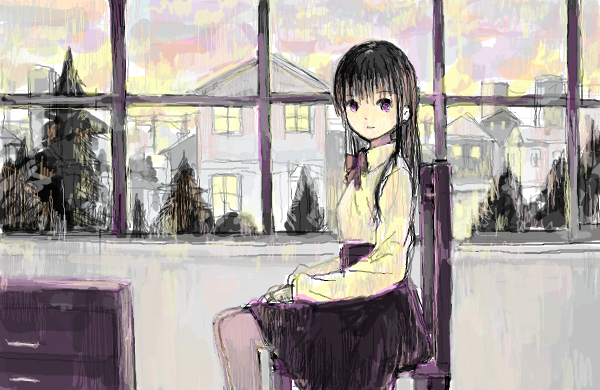 1girl bad_drawr_id bad_id black_hair black_shirt bow bowtie brown_bow brown_bowtie chair character_request chest_of_drawers copyright_request day hands_on_own_legs house indoors long_hair long_sleeves looking_at_viewer looking_to_the_side multicolored_sky oekaki pantyhose pine_tree shirt sidelocks sitting sky solo suya000 tree violet_eyes window yellow_shirt