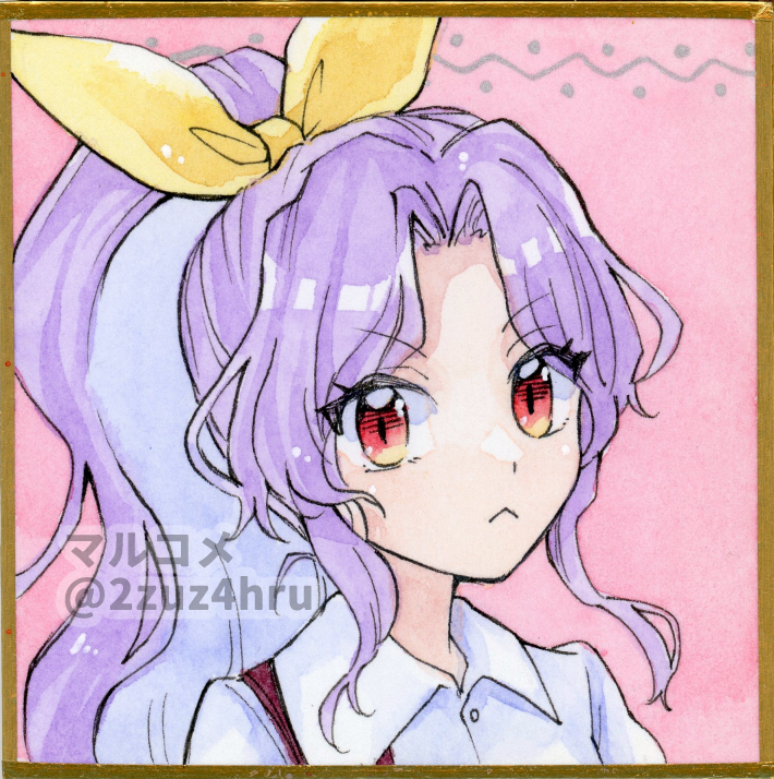 1girl 2zuz4hru :&lt; closed_mouth commentary_request hair_ribbon high_ponytail long_hair looking_at_viewer painting_(medium) parted_bangs pink_background portrait purple_hair red_eyes ribbon simple_background solo touhou traditional_media v-shaped_eyebrows watatsuki_no_yorihime watercolor_(medium) yellow_ribbon