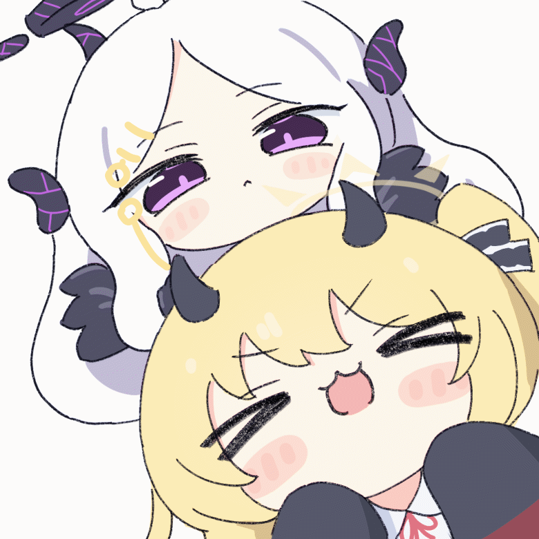 &gt;3&lt; &gt;_&lt; &gt;o&lt; 2girls :&lt; animated animated_gif black_gloves black_halo black_ribbon blonde_hair blue_archive blush_stickers closed_eyes closed_mouth collared_shirt commentary_request demon_girl demon_horns gloves hair_ribbon halo headpat hina_(blue_archive) horns ibuki_(blue_archive) long_hair looping_animation multiple_girls neck_ribbon open_mouth parted_bangs red_ribbon ribbon shirt simple_background umihio v-shaped_eyebrows violet_eyes white_background white_hair white_shirt yellow_halo