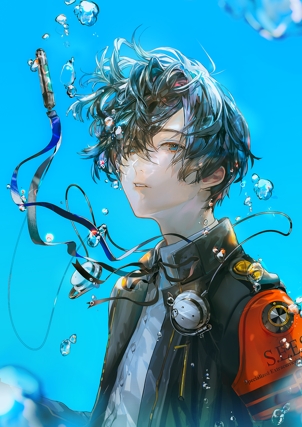 1boy air_bubble blue_background blue_eyes blue_hair blurry bubble collared_shirt dark_blue_hair depth_of_field digital_media_player english_commentary gekkoukan_high_school_uniform hair_between_eyes half-closed_eyes headphones headphones_around_neck highres jacket looking_at_viewer male_focus open_clothes open_jacket parted_lips persona persona_3 persona_3_reload s.e.e.s say_hana school_uniform shirt short_hair solo underwater upper_body white_shirt yuuki_makoto_(persona_3)