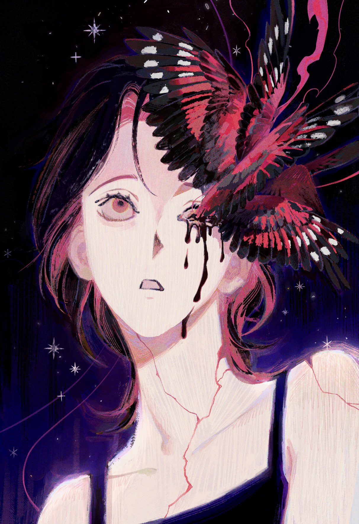 1girl bare_shoulders black_camisole black_hair camisole collarbone commentary crack feathered_wings highres looking_up mong_120 multicolored_hair open_mouth original pink_hair red_eyes solo star_(sky) symbol-only_commentary two-tone_hair wings
