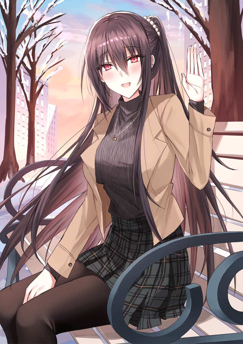 1girl :d bare_tree between_legs blush brown_hair brown_jacket brown_pantyhose brown_sweater clouds cloudy_sky commentary_request commission feet_out_of_frame grey_skirt hair_between_eyes hand_between_legs hand_up highres jacket kinona long_hair long_sleeves looking_at_viewer on_bench one_side_up open_clothes open_jacket original outdoors pantyhose plaid plaid_skirt pleated_skirt red_eyes ribbed_sweater sitting skeb_commission skirt sky smile snow solo sunset sweater tree turtleneck turtleneck_sweater very_long_hair