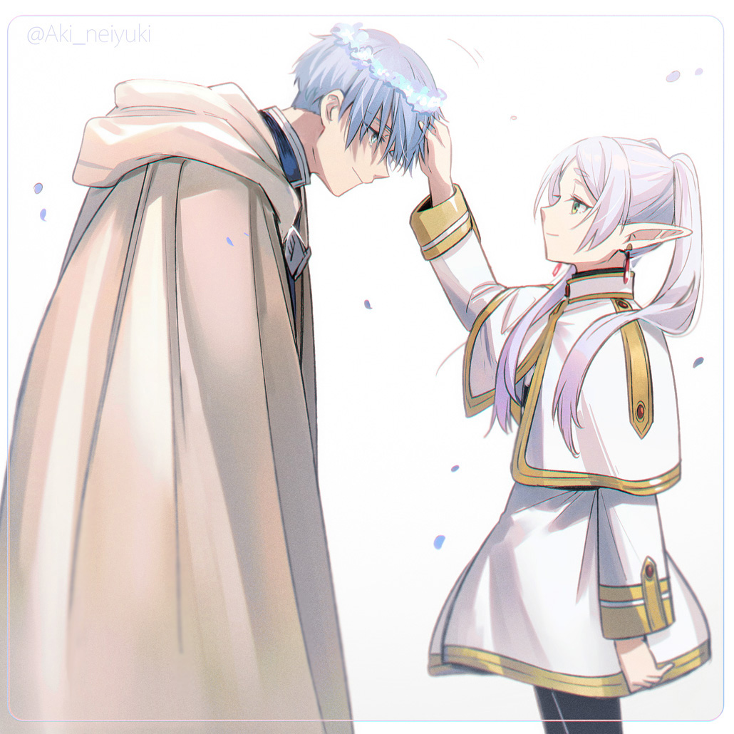 1boy 1girl aki_(neyuki41028) blue_flower blue_hair cloak commentary_request earrings facing_another falling_petals flower flower_wreath frieren from_side green_eyes head_wreath height_difference himmel_(sousou_no_frieren) hood hooded_cloak jewelry long_hair looking_at_another pale_skin petals pointy_ears profile sad_smile short_hair smile sousou_no_frieren twintails twitter_username upper_body white_background