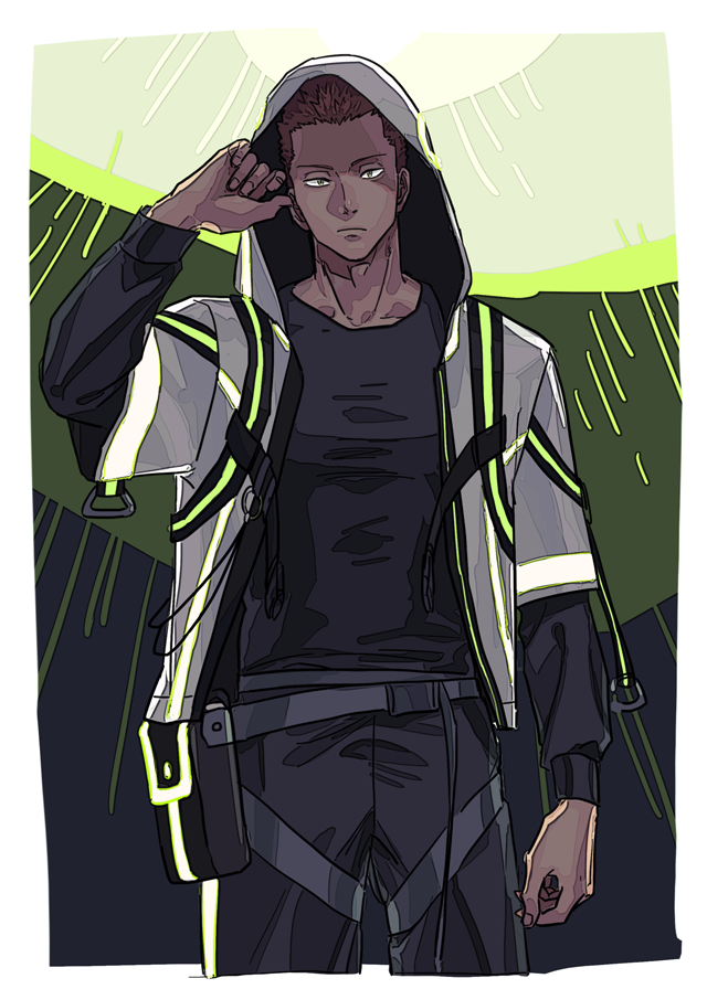 1boy belt_pouch black_pants black_shirt brown_hair closed_mouth cropped_legs frown grey_jacket hand_up hood hooded_jacket jacket kizaki_reiji layered_sleeves long_sleeves looking_at_viewer male_focus ohhhhhhtsu open_clothes open_jacket pants pouch shirt short_hair short_over_long_sleeves short_sleeves solo spiky_hair toned toned_male world_trigger