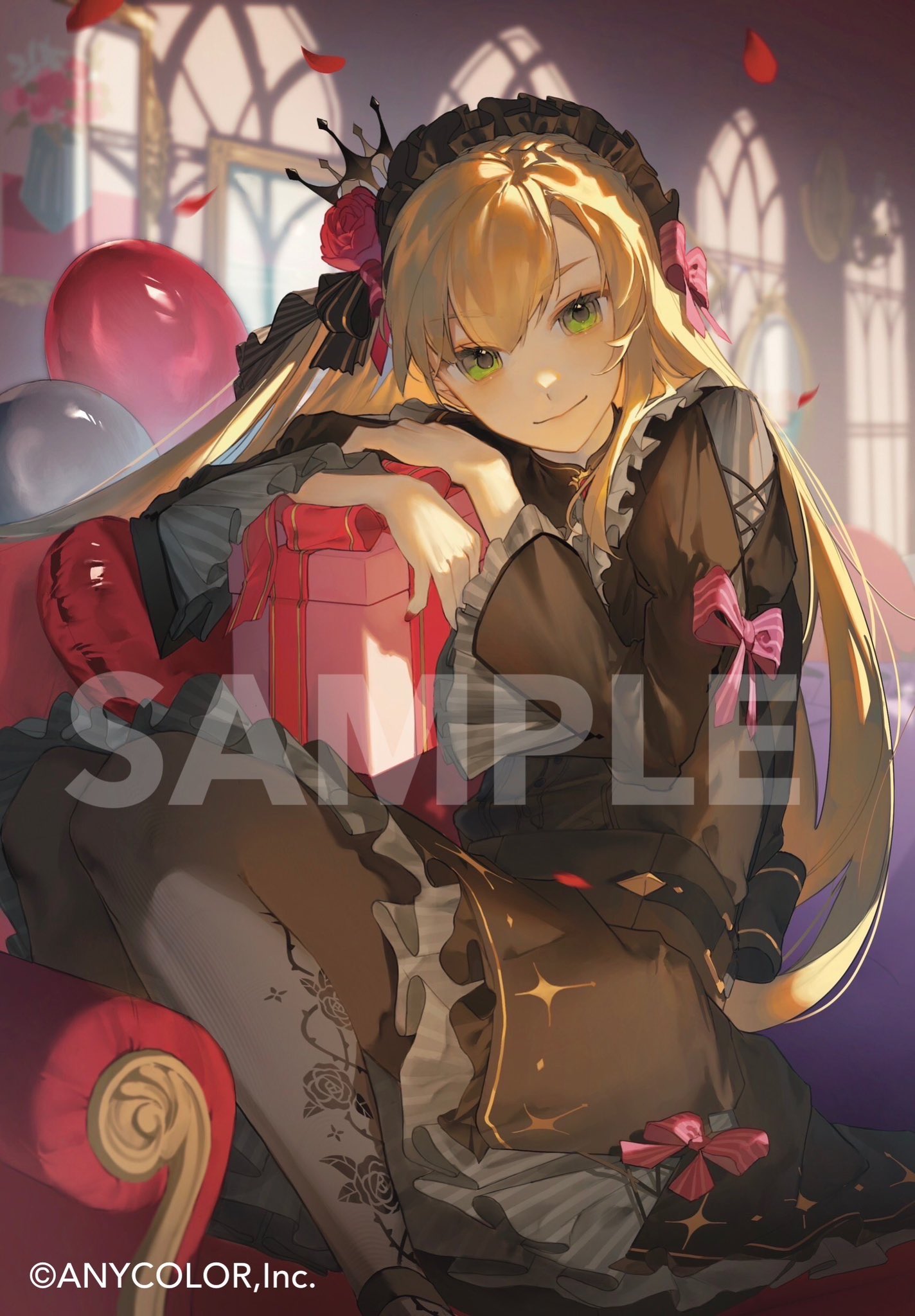 &gt;:) 1boy balloon black_dress black_pantyhose blonde_hair blurry blurry_background bow box copyright_notice couch crossdressing crown cushion dress dress_bow falling_petals feet_out_of_frame floral_print flower frilled_dress frilled_hairband frilled_sleeves frills gift gift_box gothic_lolita green_eyes hair_between_eyes hair_flower hair_ornament hairband heart_balloon highres hugging_object indoors juliet_sleeves knees_up lolita_fashion lolita_hairband long_hair long_sleeves looking_at_viewer male_focus mini_crown nail_polish nijisanji official_art on_couch one_side_up otoko_no_ko pantyhose petals pink_bow pink_flower pink_rose poscorn617 puffy_sleeves red_nails rose rose_petals rose_print sample_watermark sitting sleeve_bow solo striped_bow uzuki_kou uzuki_kou_(4th_costume) v-shaped_eyebrows virtual_youtuber watermark window
