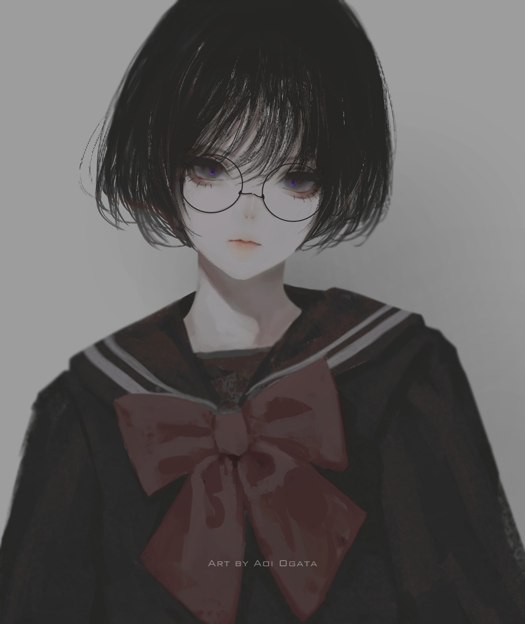 1girl aoi_ogata artist_name black-framed_eyewear black_hair black_sailor_collar black_shirt blue_eyes bow clip_studio_paint_(medium) closed_mouth glasses grey_background hair_between_eyes highres looking_at_viewer original red_bow round_eyewear sailor_collar school_uniform serafuku shirt short_hair simple_background solo