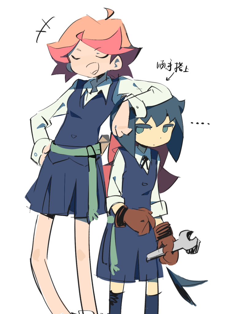 2girls amanda_o'neill ankle_socks arrcticc_fish black_hair blue_dress blue_eyes closed_eyes constanze_amalie_von_braunschbank-albrechtsberger dress gloves holding holding_wrench jitome leaning_on_person little_witch_academia looking_at_viewer luna_nova_school_uniform multiple_girls red_gloves redhead school_uniform shirt short_hair simple_background socks standing thick_eyebrows white_background white_shirt witch wrench