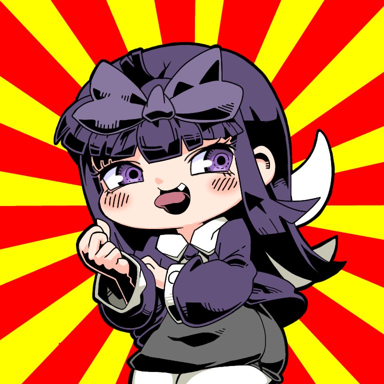 1girl black_skirt blunt_bangs blush bow bras_d'honneur collared_shirt commentary_request cookie_(touhou) cowboy_shot fairy_wings fang hair_bow hime_cut jacket long_hair long_sleeves looking_to_the_side medium_bangs meme necktie open_mouth purple_bow purple_hair purple_jacket purple_necktie red_background shirt shunga_youkyu sidelocks skirt smile solo star_sapphire sunburst sunburst_background tonchamon_san tongue tongue_out touhou violet_eyes white_shirt wings yellow_background zettai_yurusanae