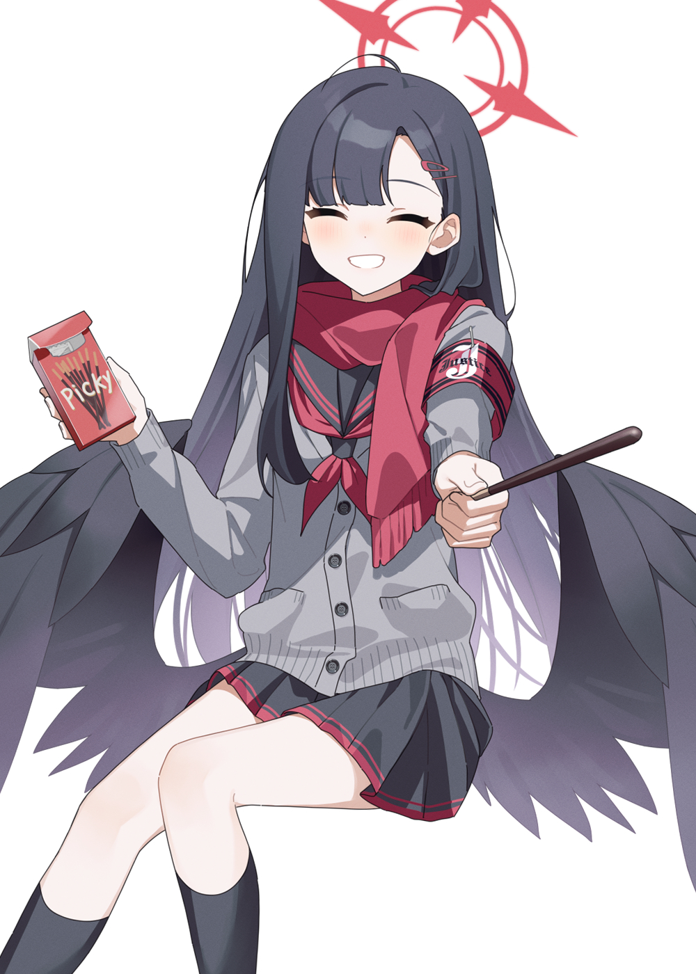 1girl armband black_hair black_sailor_collar black_serafuku black_skirt black_socks black_wings blue_archive blush cardigan closed_eyes commentary feathered_wings food grey_cardigan halo highres holding holding_food holding_pocky ichika_(blue_archive) invisible_chair long_hair low_wings neckerchief nekoln parted_bangs pocky red_armband red_halo red_neckerchief sailor_collar school_uniform serafuku simple_background sitting skirt smile socks solo white_background wings