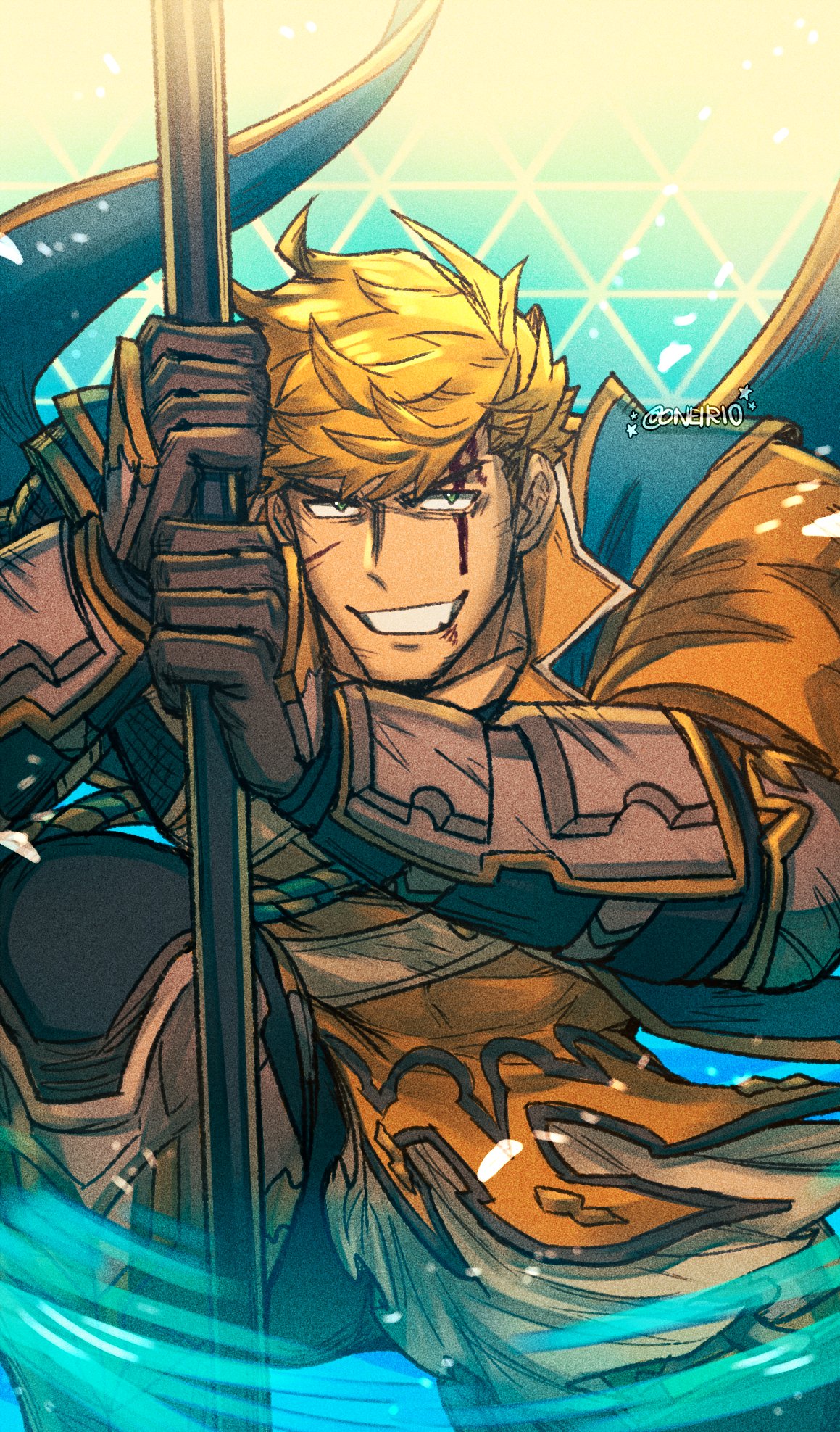 1boy armored_boots black_gloves black_pants blonde_hair blood blood_on_face boots gloves granblue_fantasy green_eyes highres holding holding_weapon injury looking_at_viewer male_focus oneirio pants scar scar_on_cheek scar_on_face short_hair smile solo teeth twitter_username vane_(granblue_fantasy) weapon