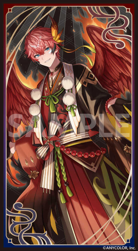 1boy akagi_wen amaichi_esora bead_bracelet beads black_background black_gloves black_hair black_kimono blue_eyes bracelet card_(medium) copyright_notice cowboy_shot crossed_bangs feather_hair_ornament feathered_wings feathers fire flame_print gem gloves hair_between_eyes hair_ornament hakama half_gloves japanese_clothes jewelry kimono long_sleeves looking_at_viewer male_focus multicolored_hair neck_tassel nijisanji official_art outstretched_arms pom_pom_(clothes) red_gemstone red_hakama red_kimono red_wings redhead rope sample_watermark sash solo spread_arms standing streaked_hair tassel two-tone_kimono virtual_youtuber watermark white_sash wide_sleeves wings