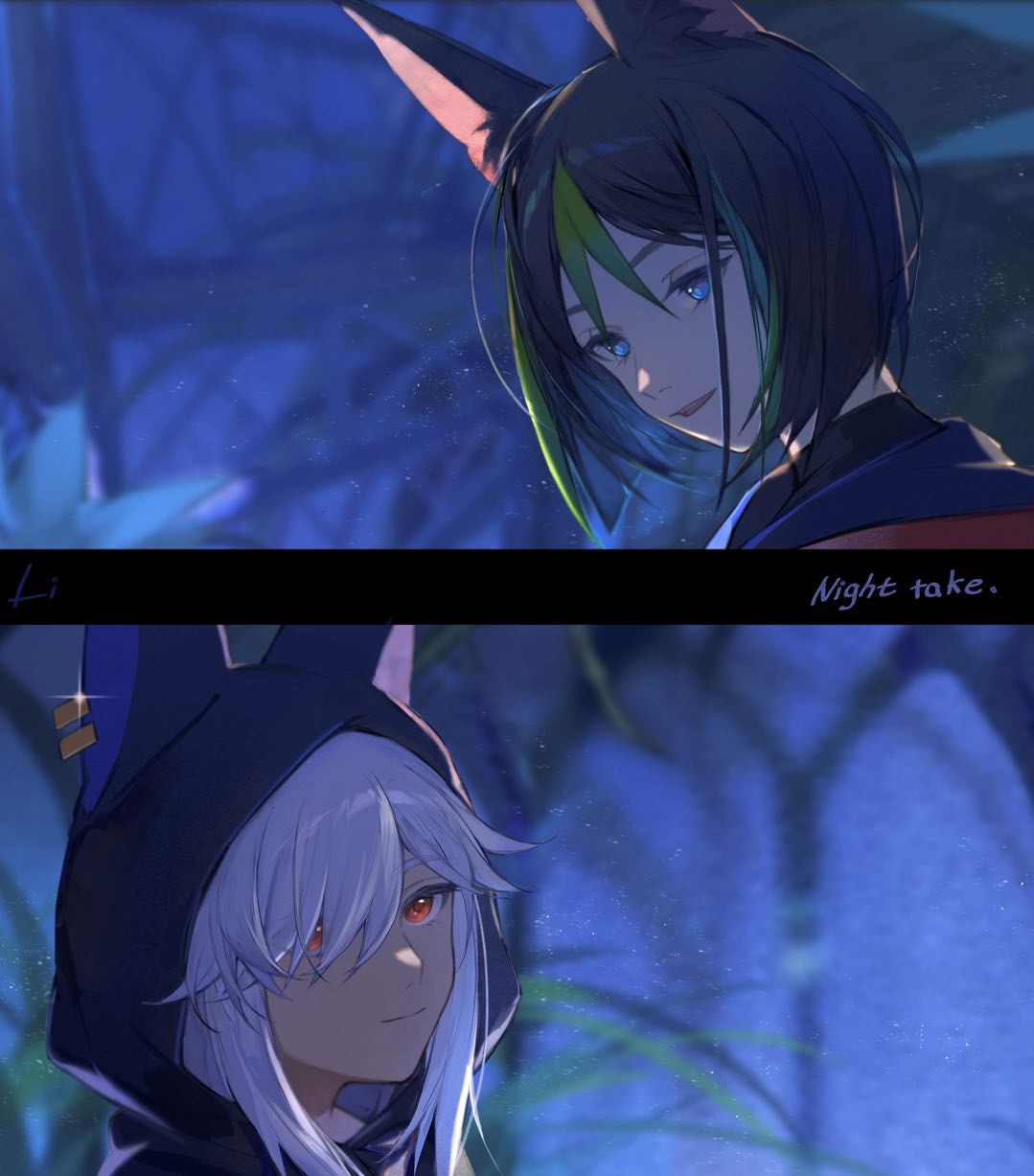 2boys animal_ears animal_hood blue_eyes blurry blurry_background chinese_commentary commentary_request cyno_(genshin_impact) english_text fox_ears from_side genshin_impact glint green_hair hair_over_one_eye highres hood hood_up lizi_(st3648) male_focus multicolored_hair multiple_boys night open_mouth portrait red_eyes short_hair smile streaked_hair swept_bangs tighnari_(genshin_impact) two-tone_hair white_hair