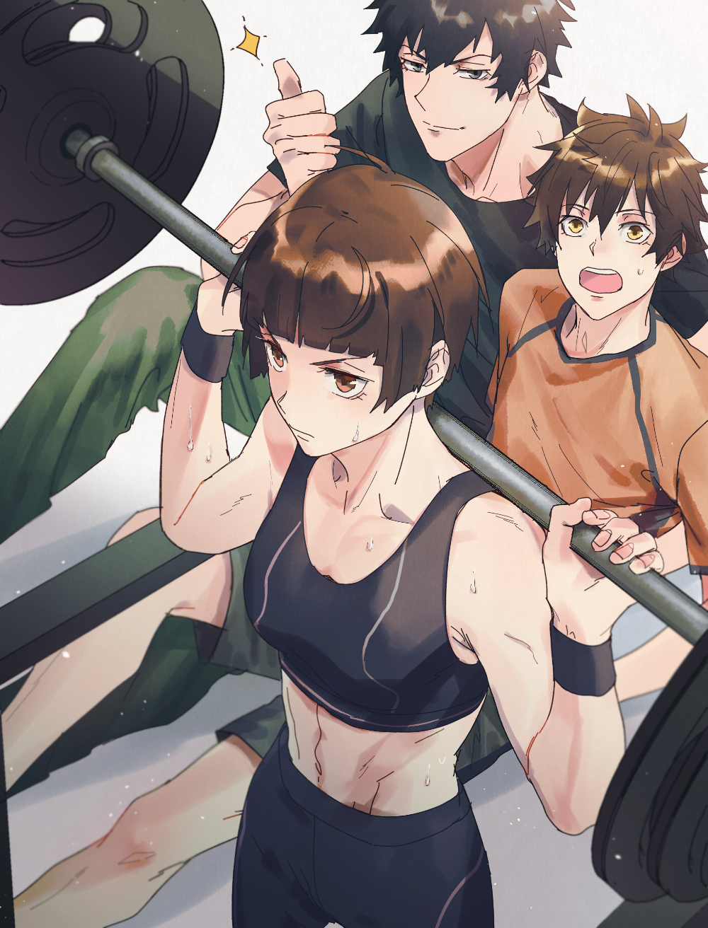 1girl 2boys black_hair black_wristband blunt_bangs brown_eyes brown_hair commentary_request determined exercise from_above highres kome_kako looking_ahead looking_at_another looking_at_viewer makishima_shougo messy_hair multiple_boys navel open_mouth orange_shirt psycho-pass shindou_arata shirt short_hair smile sparkle sports_bra surprised sweat t-shirt thumbs_up toned tsunemori_akane weightlifting weights wide-eyed yellow_eyes