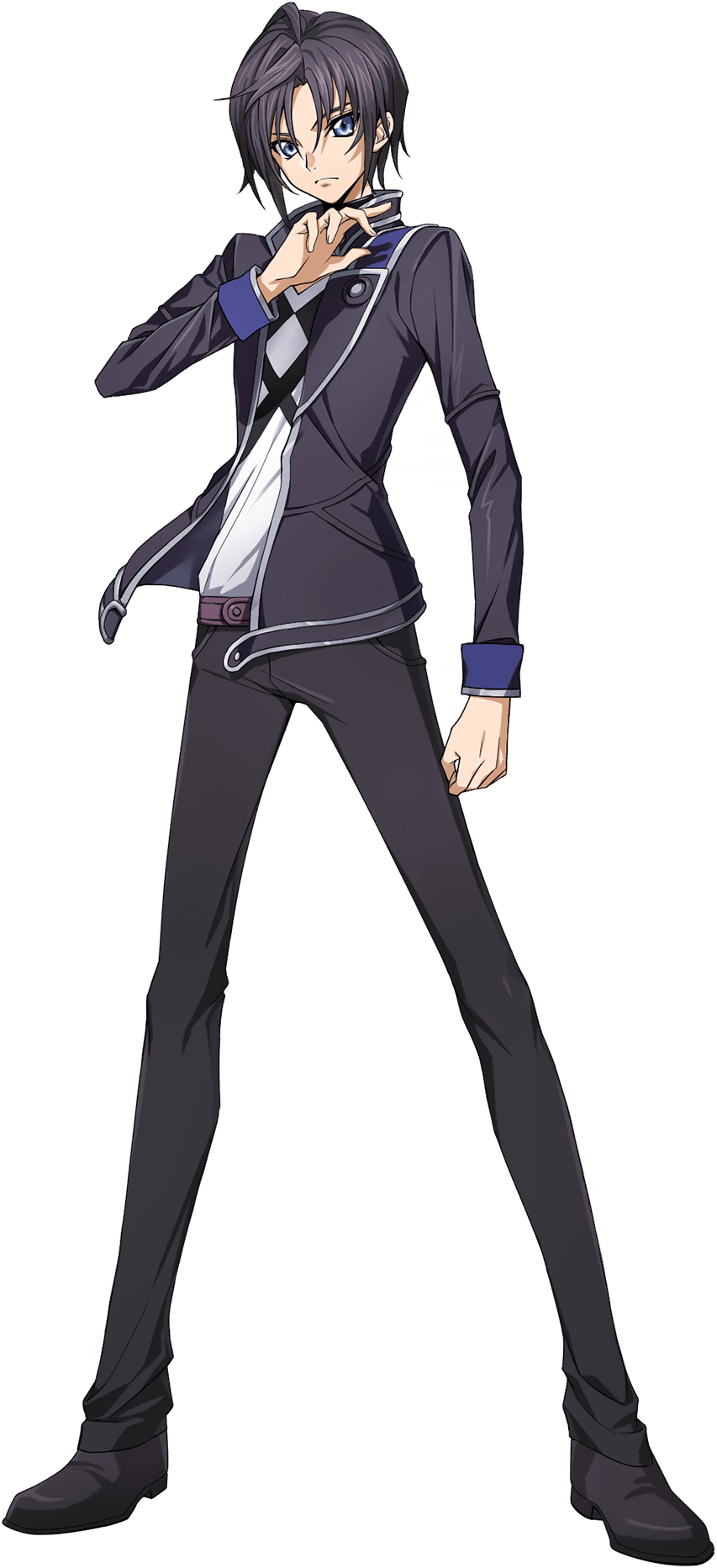 1boy arm_at_side artist_request belt black_hair black_jacket black_pants blue_eyes closed_mouth code_geass code_geass:_lost_stories full_body game_cg hair_between_eyes hand_up highres jacket legs long_legs long_sleeves looking_at_viewer male_focus mario_disel non-web_source official_art open_clothes open_jacket pants shirt short_hair sidelocks simple_background solo standing transparent_background v-neck v-shaped_eyebrows white_shirt