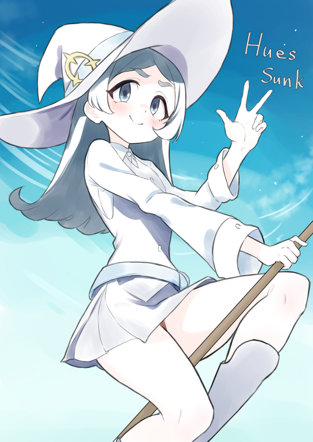 1girl artist_name barbara_parker belt blue_eyes blue_hair boots broom broom_riding clouds cloudy_sky commentary domdom dress hat knee_boots little_witch_academia long_hair looking_to_the_side luna_nova_school_uniform night school_uniform sky smile solo star_(sky) v witch witch_hat